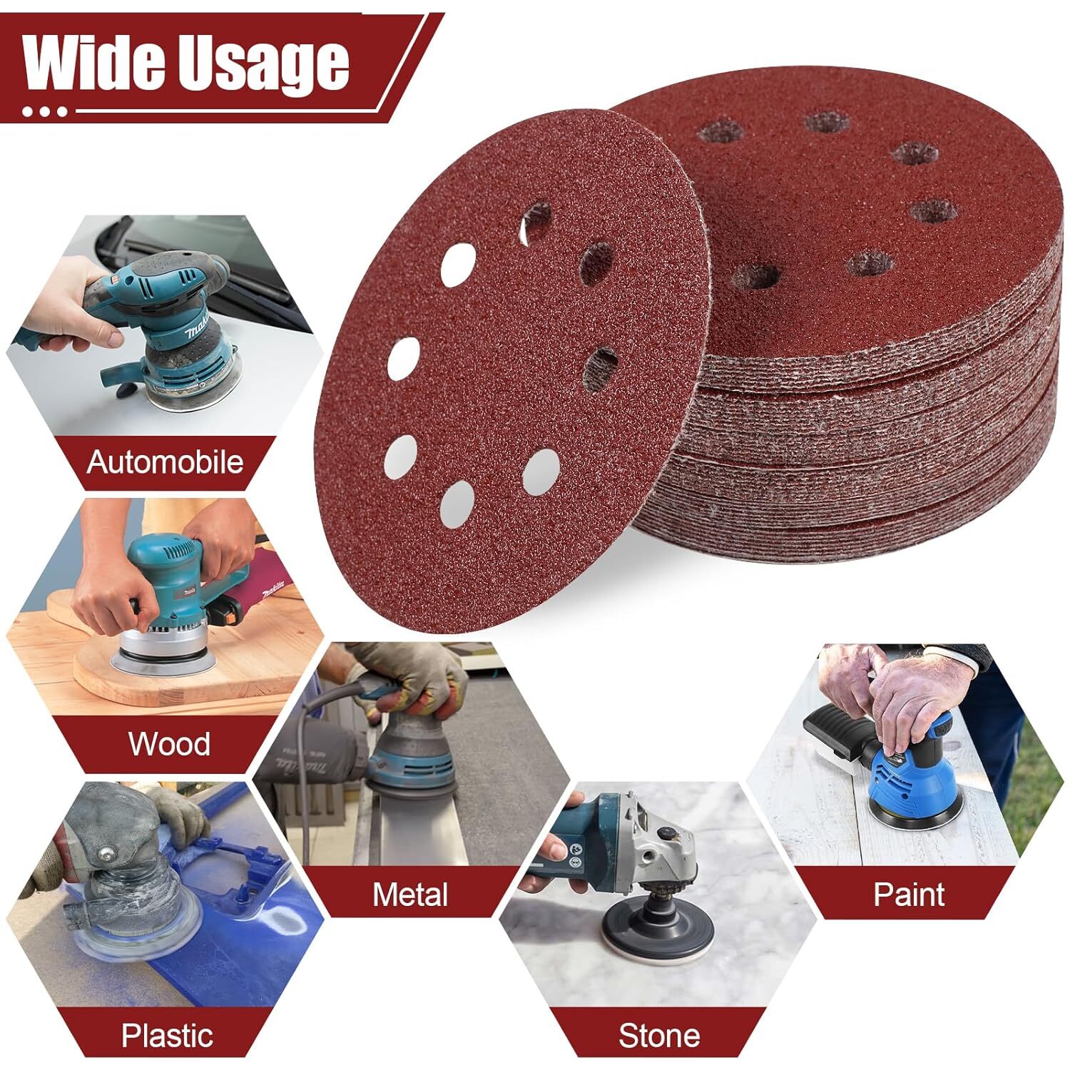 160 Pack 5 inch Sanding Discs 8-Hole Red Variety Pack Grit, Hook ,Loop Sandpaper