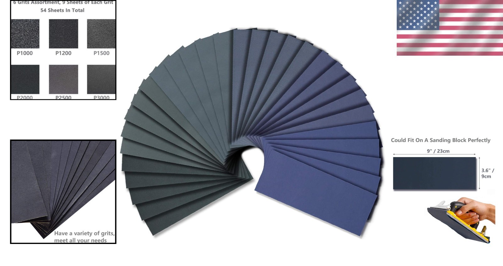 Versatile 54 Sheets of Wet/Dry Sandpaper with Grits 1000-3000 for Professionals