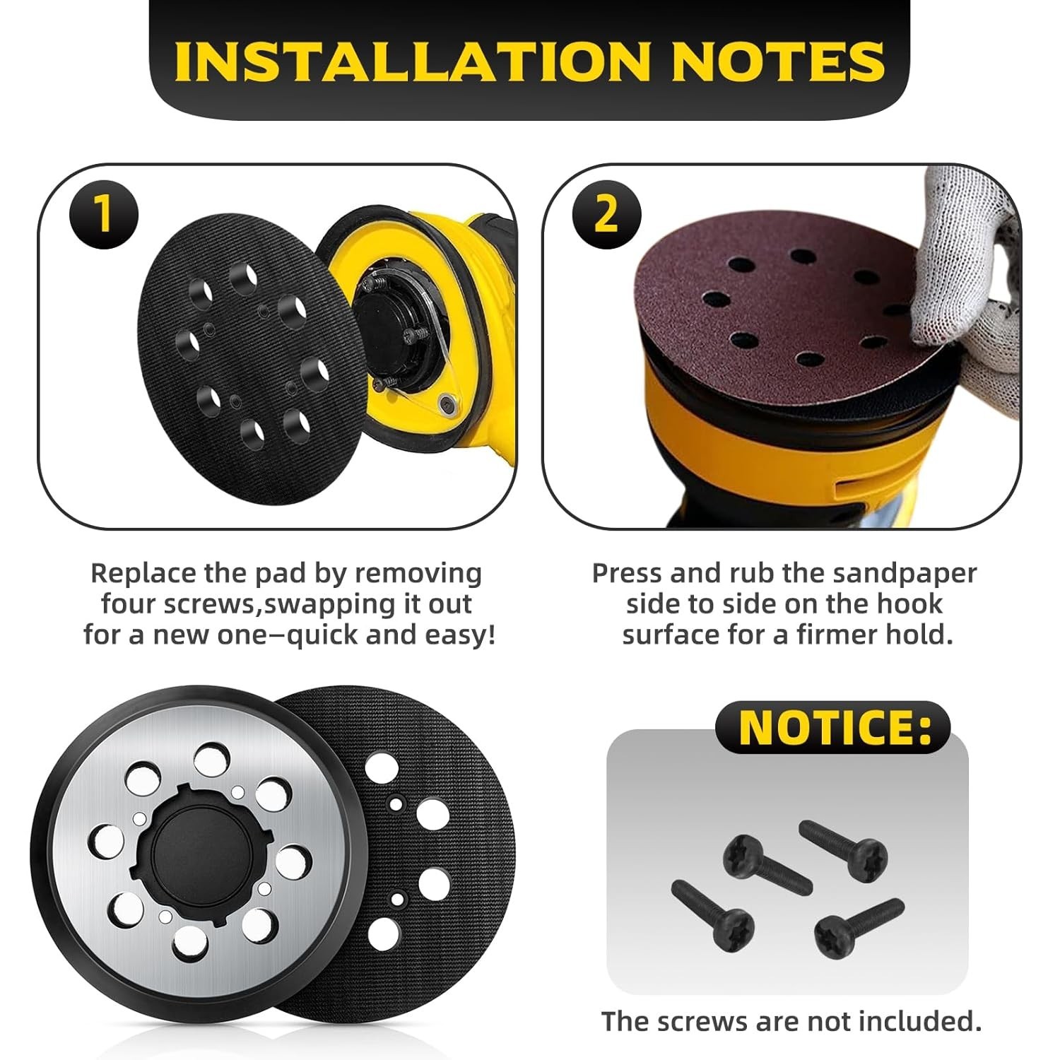 4 Pack 5 Inch 8 Hole Hook and Loop Orbital Sander Backing Pads, Compatible with