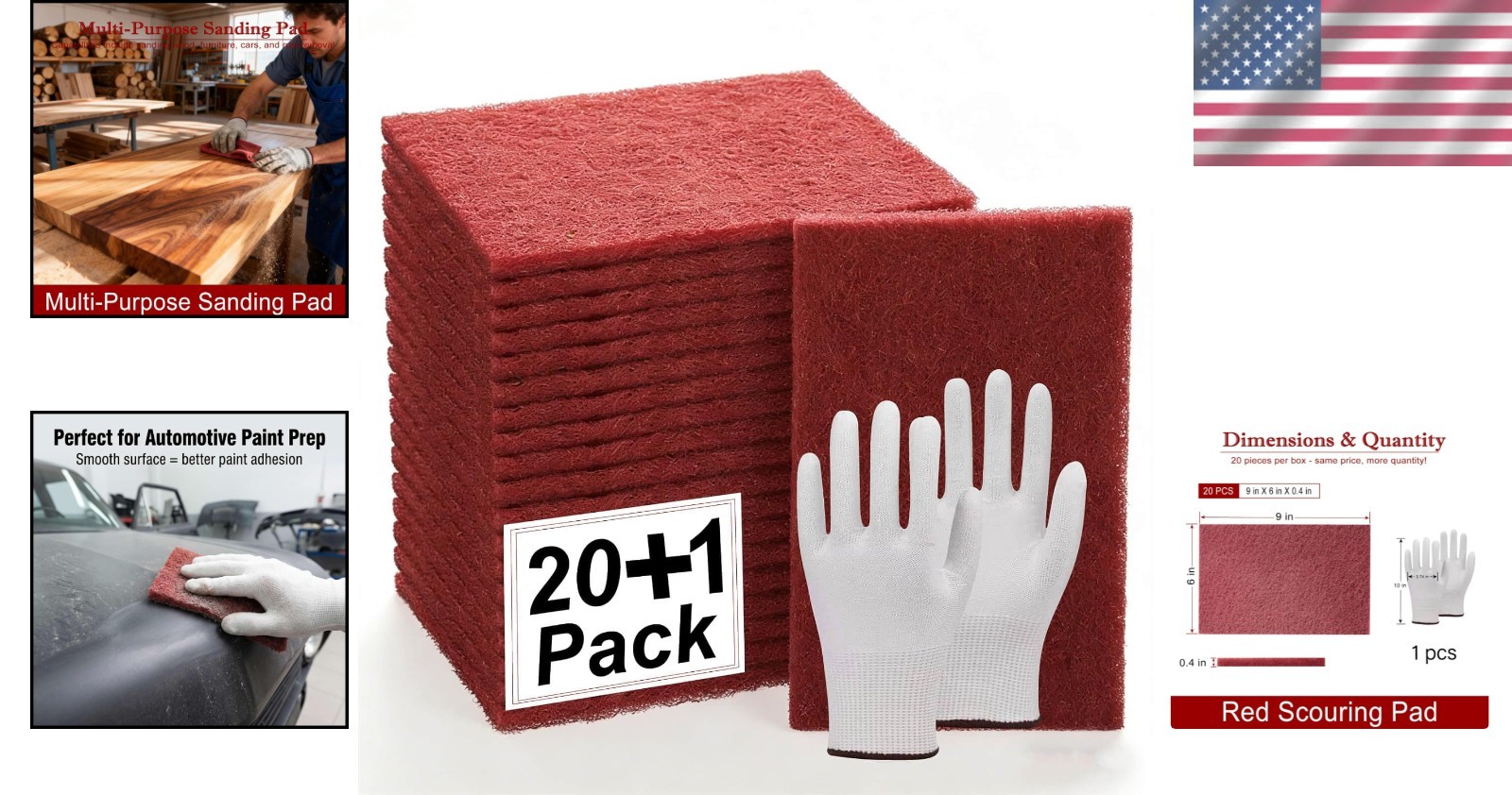 20 Count Extra Fine Abrasive Pads – 6″ x 9″ Red Scuff Pads with Gloves Included