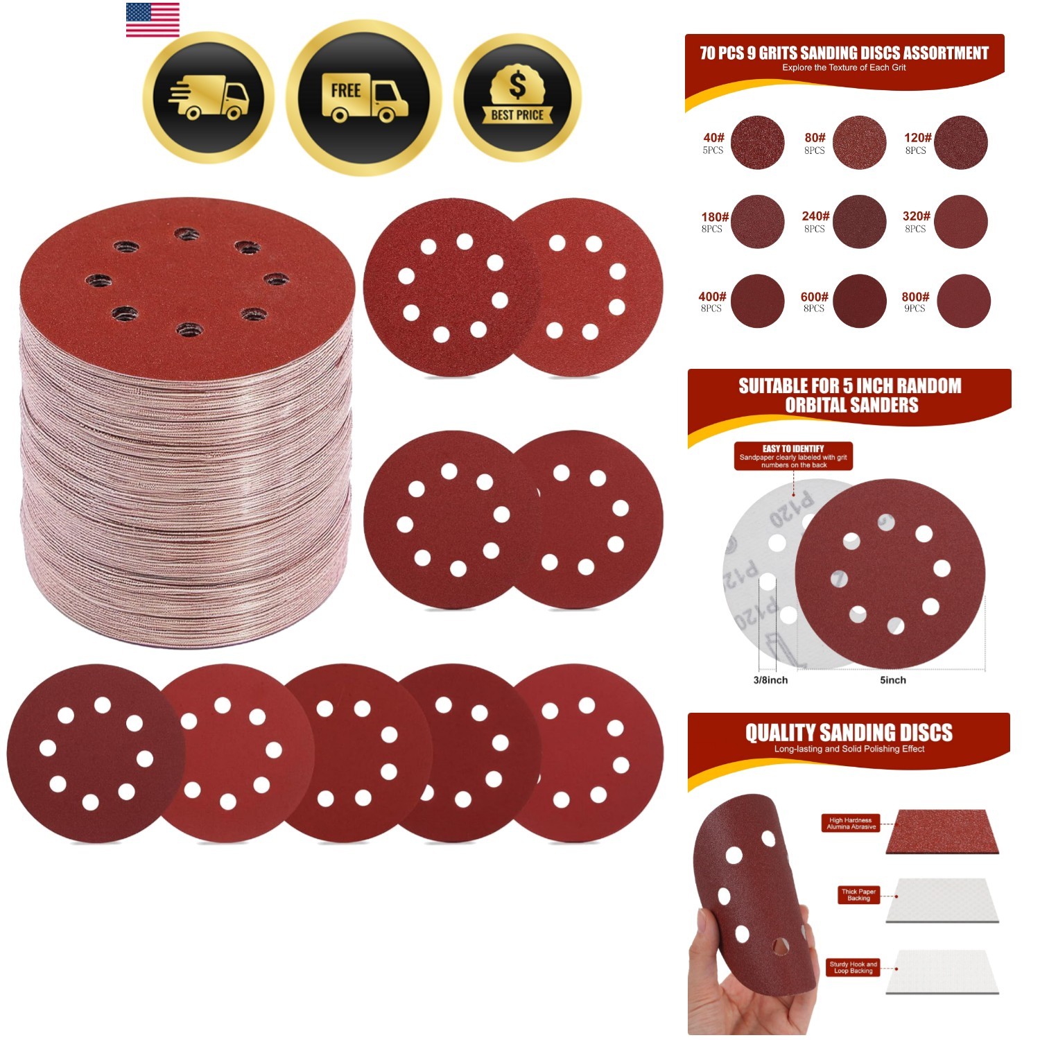 70 PCS 5 Inch Sanding Discs, 40 80 120 180 240 320 400 600 800 Grit Hook and …
