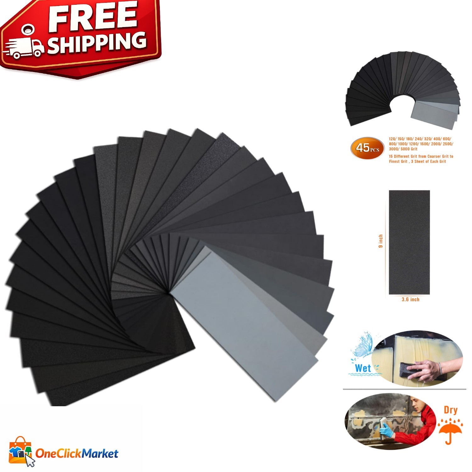 45PCS Wet/Dry Waterproof Sandpaper Set, 9 x 3.6 Inches, Versatile Grits Included