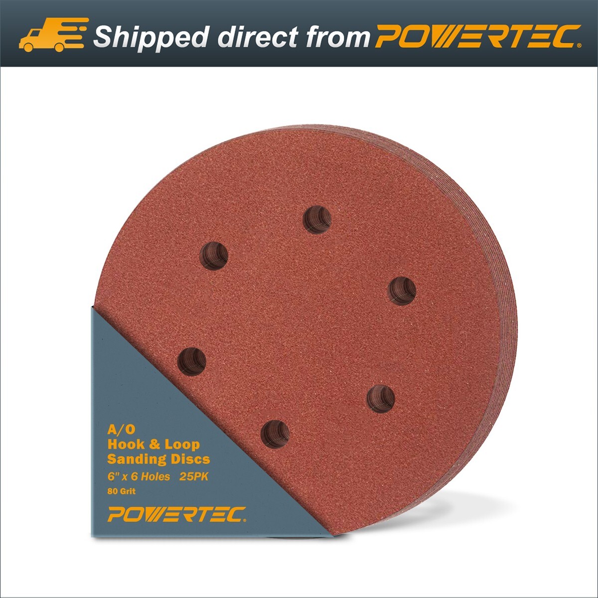 POWERTEC A/O Hook and Loop 6 Hole Disc 6 inch 80 Grit 25pcs (45208)