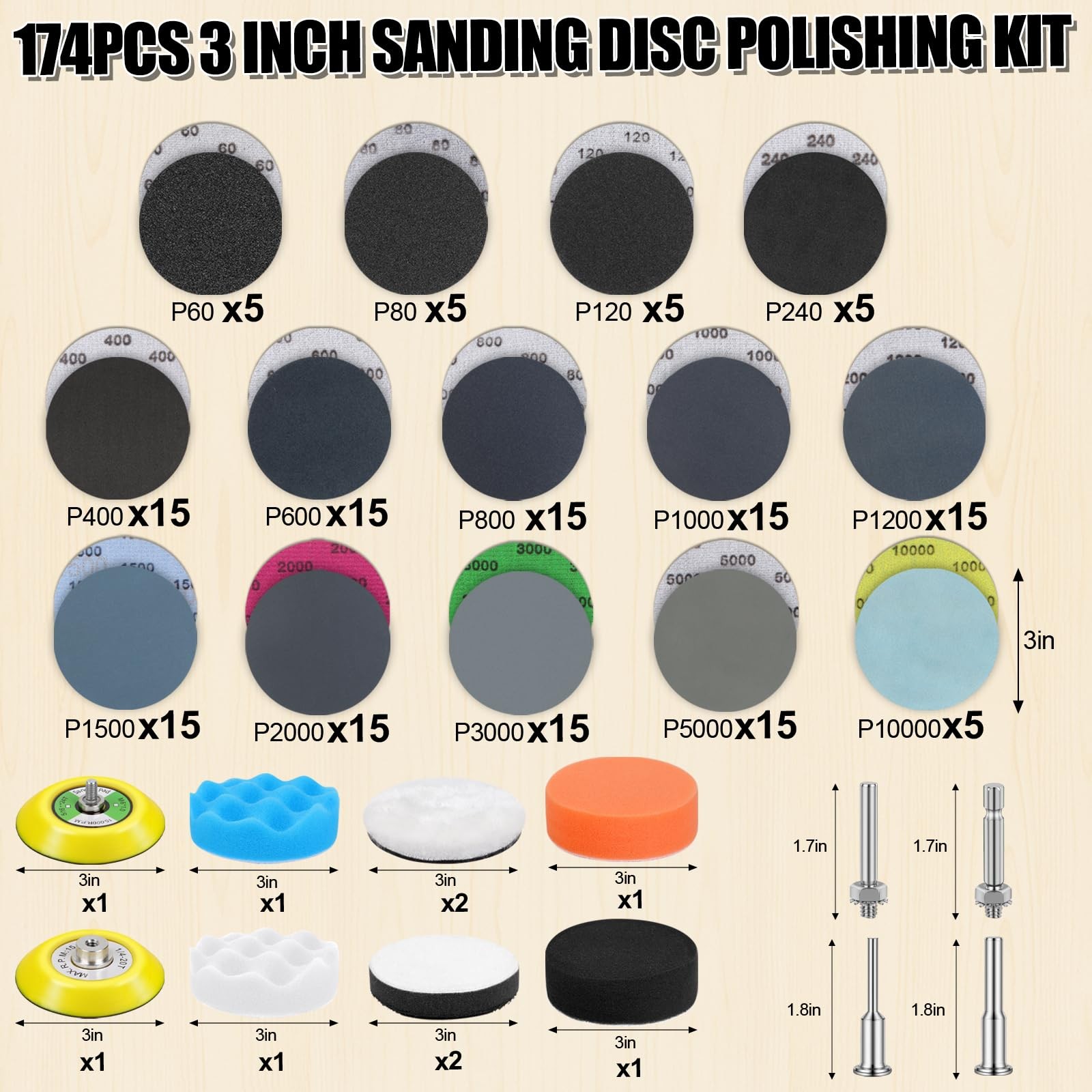 174Pcs 3 Inch Sanding Discs Drill Polishing Kit, 60-10000 Grit Set
