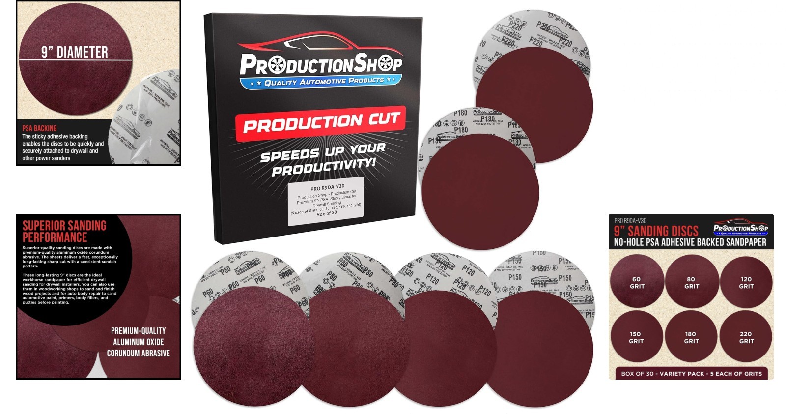 Sanding Discs 9 Inch Variety Pack 30pcs Grits 60 80 120 150 180 220 Auto Paint
