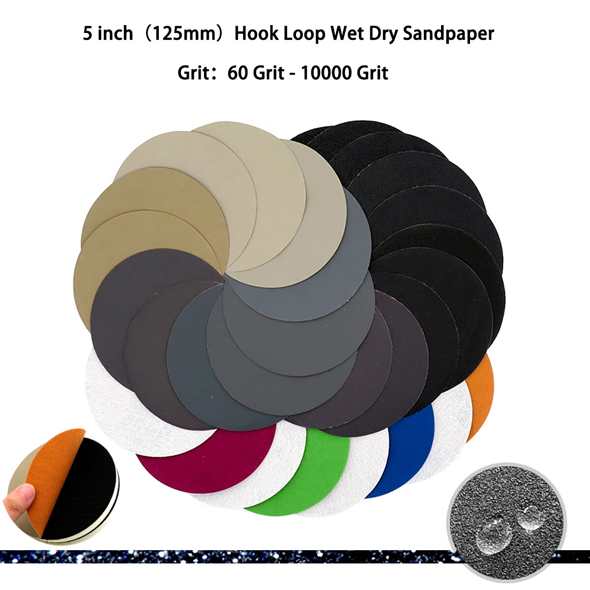 5inch（125mm）Hook Loop Sanding Discs 60 – 10000 Grit Wet Dry Sandpaper，Burnishing