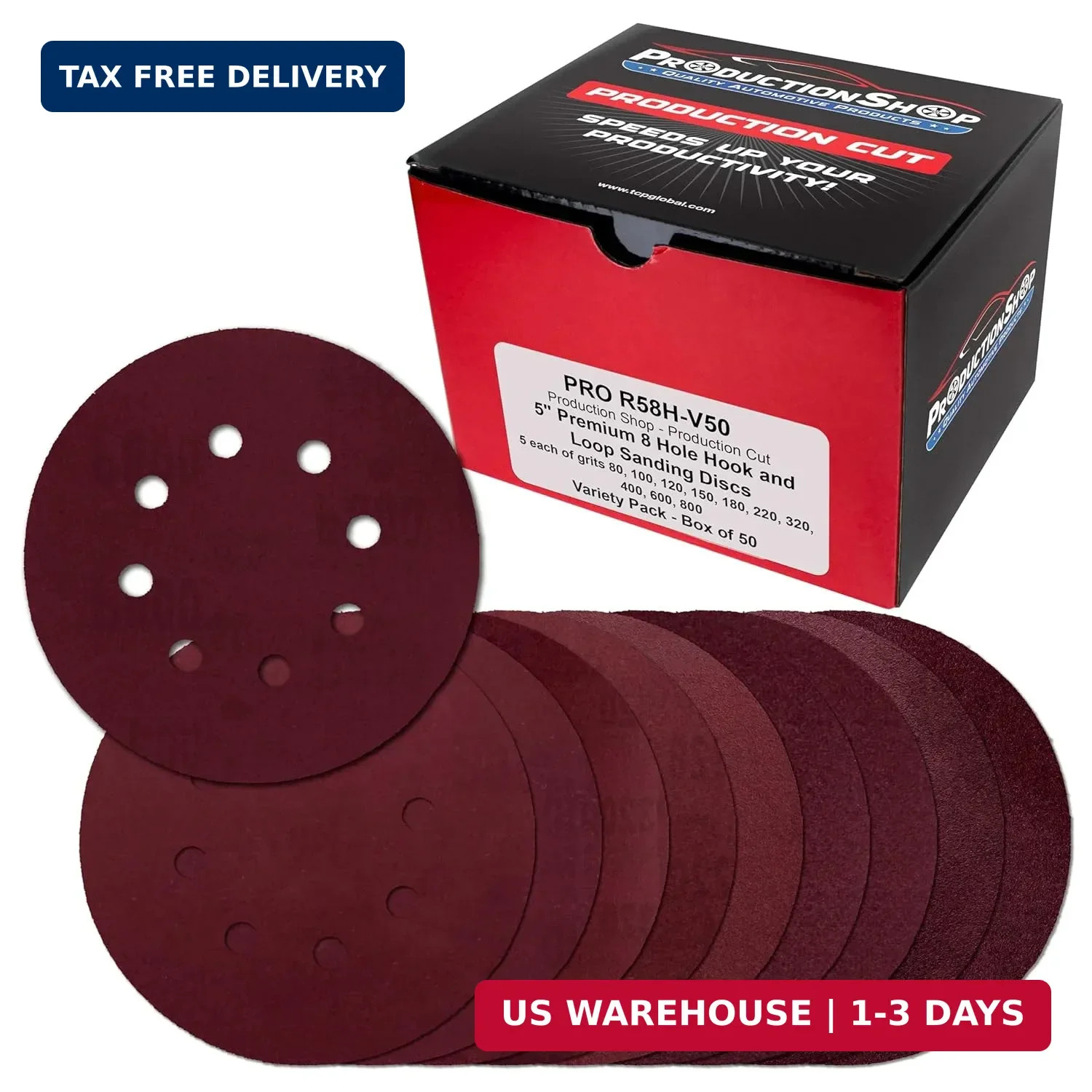 ProductionShop 5″ Red 8-Hole Pattern Sanding Discs, 50 Disc Variety Pack, Grits