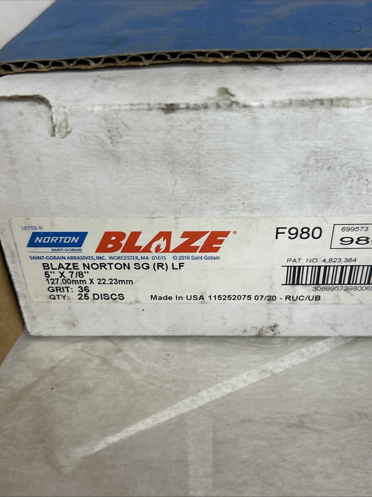 Norton Blaze F980 5”x7/8” 36 Grit Discs. 127 Mm X 22.23 Mm F980 Sanding Discs