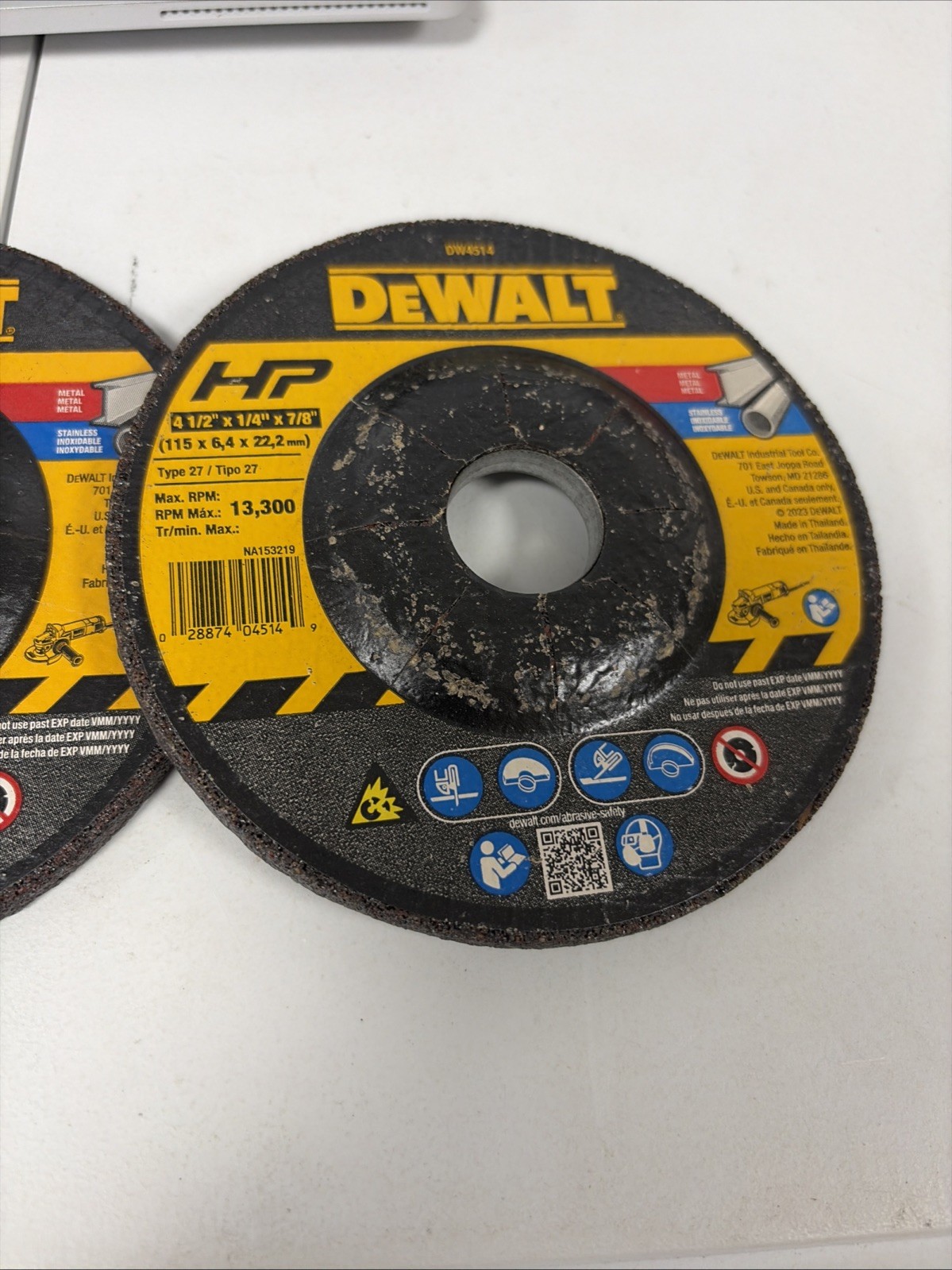 pair of 2 DeWalt DW4514 Metal Grinding Wheel Type 27 4-1/2in x 1/4in x 7/8in