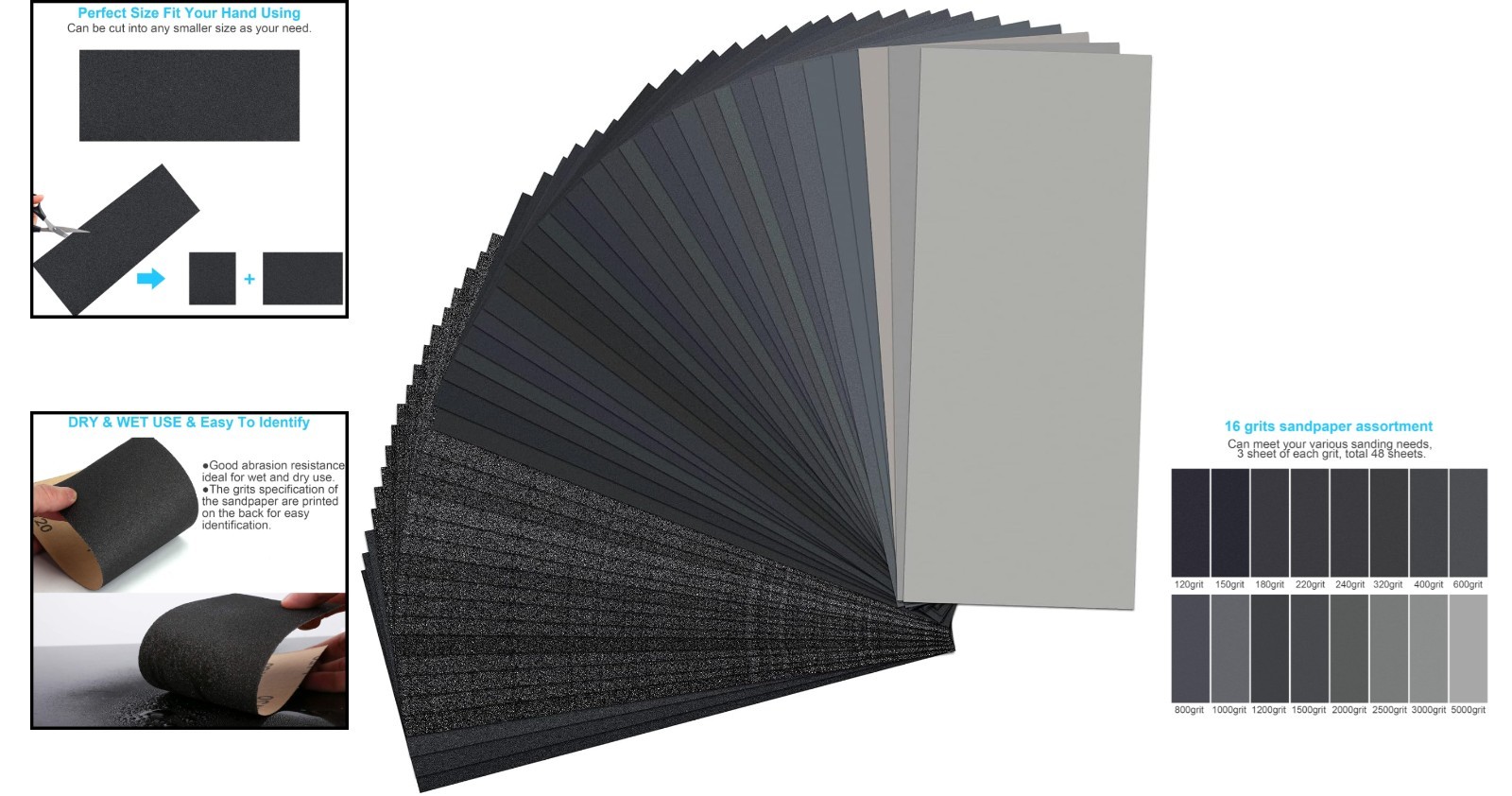48-Piece Assorted Grit Wet Dry Sandpaper Set for Wood, Metal, Auto, 9×3.6 in.