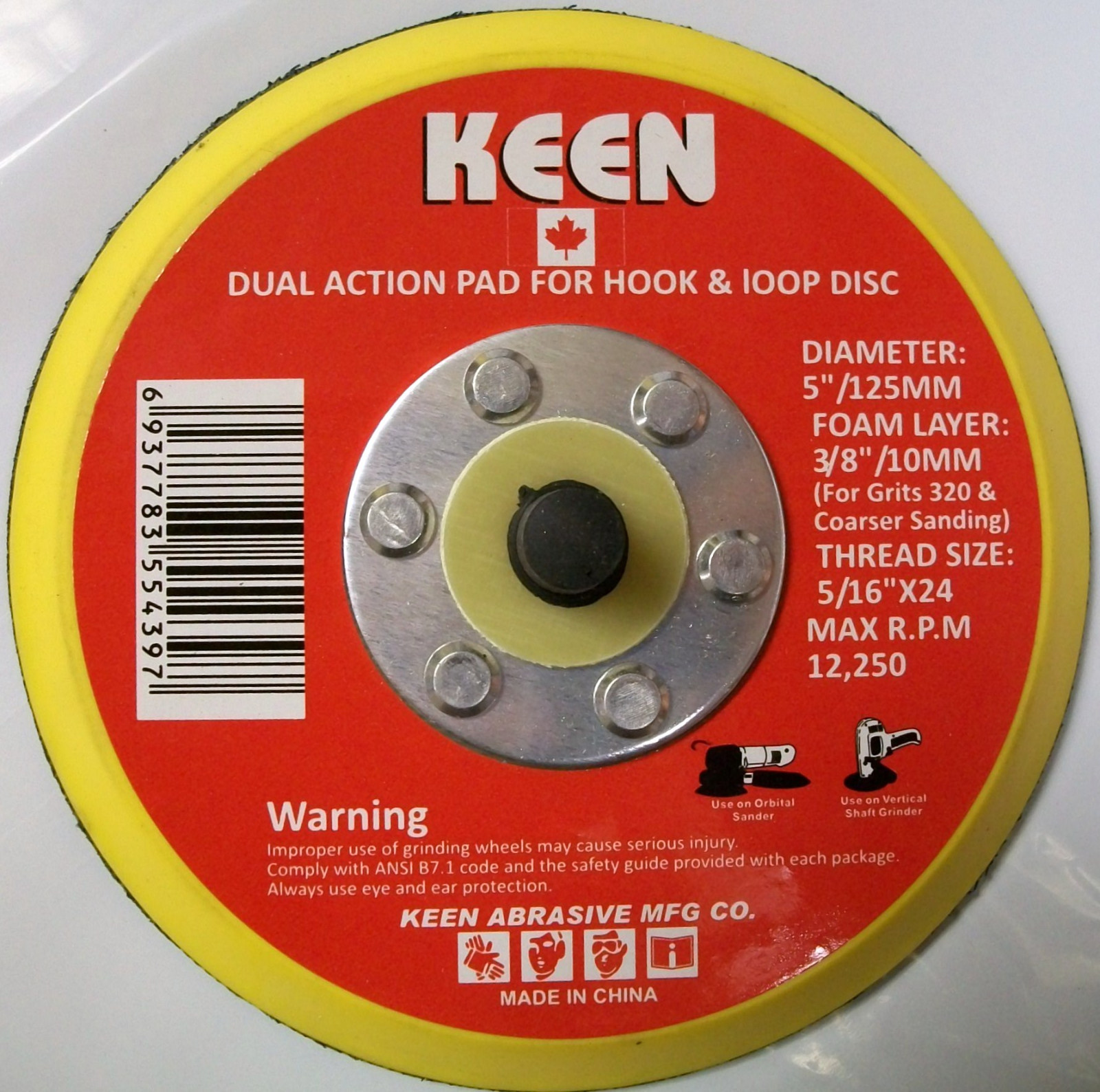 5″ x 5/16″ Dual Action Pad Hook & Loop, No Hole Keen Abrasives #54397, Lot of 1