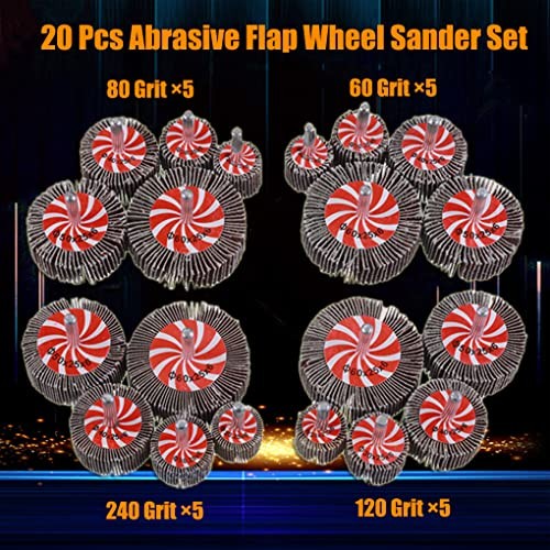 20 Pcs 5 Sizes 60/80/120/240 Grits Abrasive Flap Wheel Sander, 1/4 Inch Shank