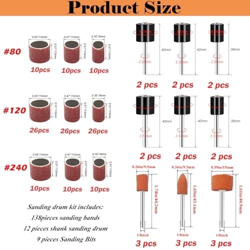 187-Piece Sanding Drum Kit for Drill & Press – 2″ Sleeves, Rubber Drums, 1/4″ Sh