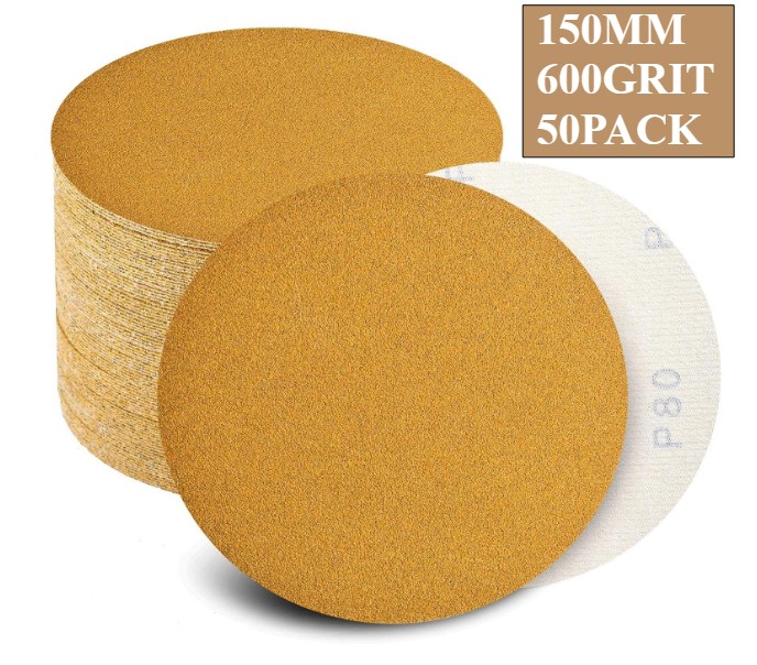 50 Pack 6 In Gold Sandpaper No Hole Hook & Loop Grip 150mm Sanding Disc 600 Grit