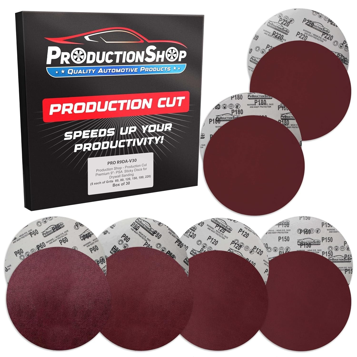 Sanding Discs 9 Inch Variety Pack 30pcs Grits 60 80 120 150 180 220 Auto Paint