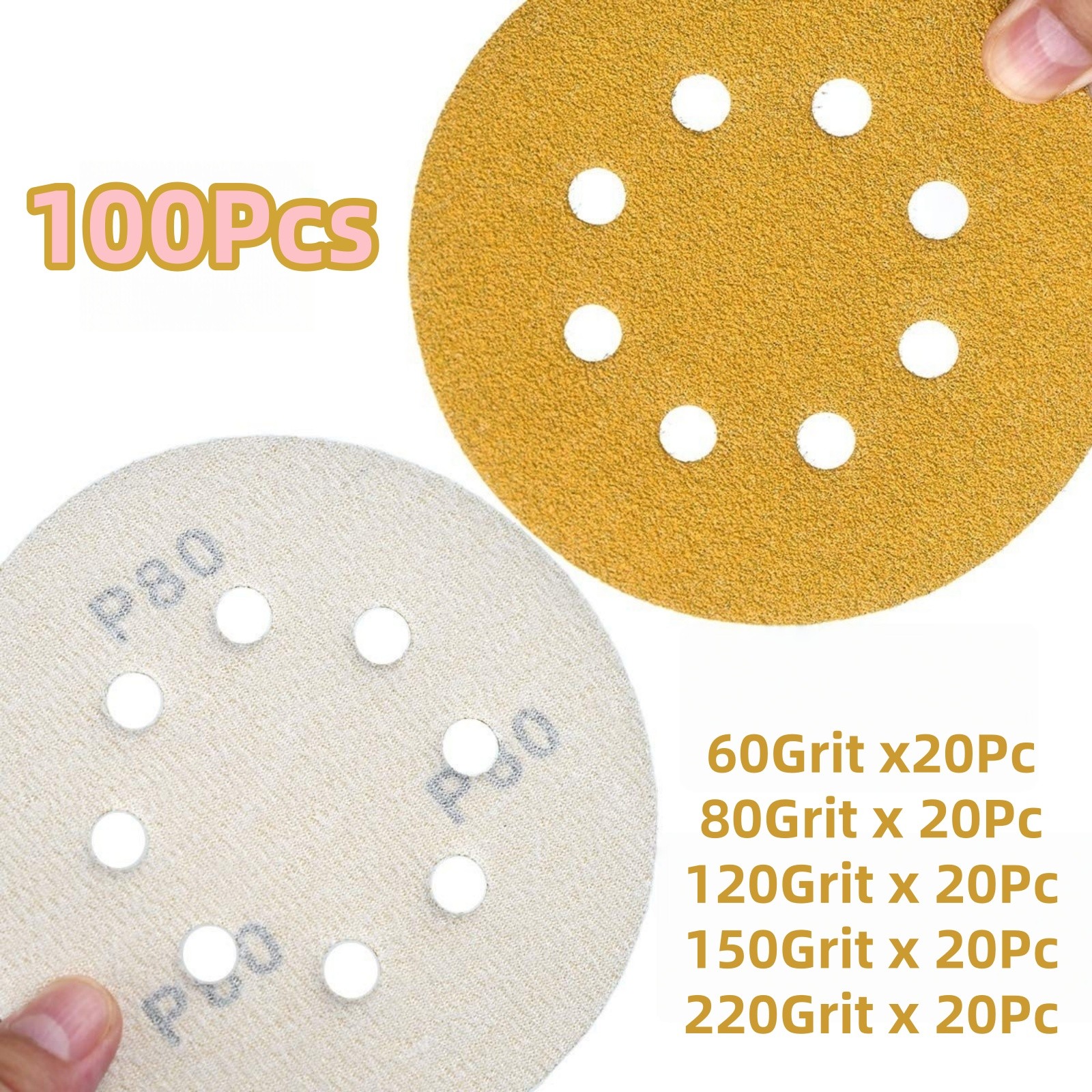 100PC 5″ Sanding Discs Hook Loop Sander Orbital Sandpaper 60/80/120/150/220 Grit