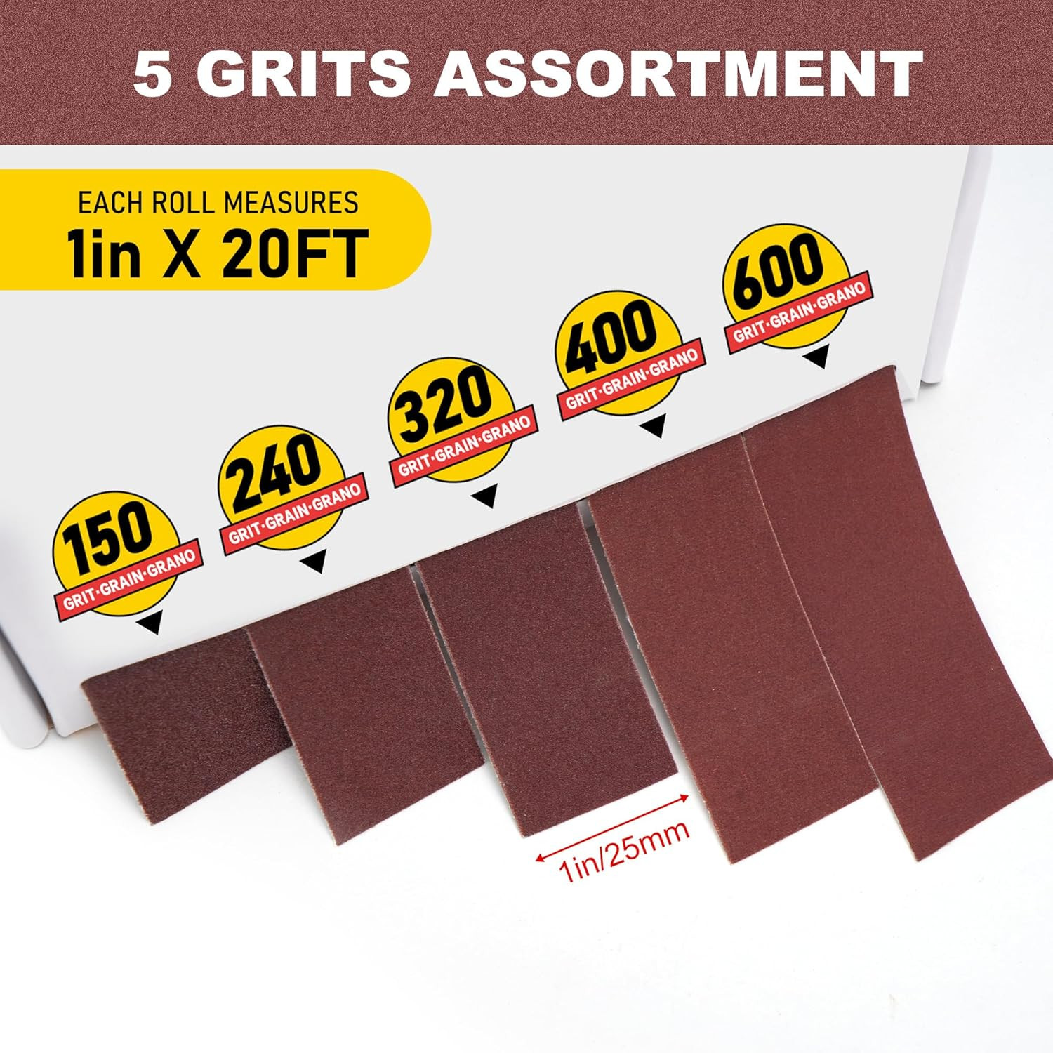 Emery Cloth Roll, 5 Grits Sandpaper Assortment, 150 240 320 400 600 Grit Assorte