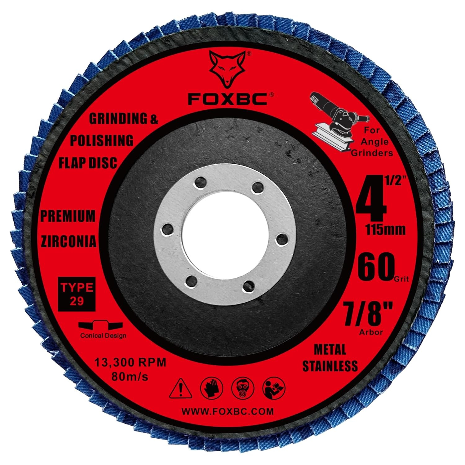 4-1/2 inch Flap Disc 60 Grit Type 29, Premium Zirconium Polishing, 10 Pack
