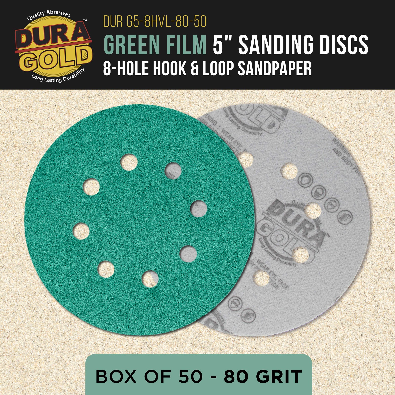 80 Grit 5″ Green Sanding Discs, 8-Hole, Box of 50 – Hook & Loop Sandpaper