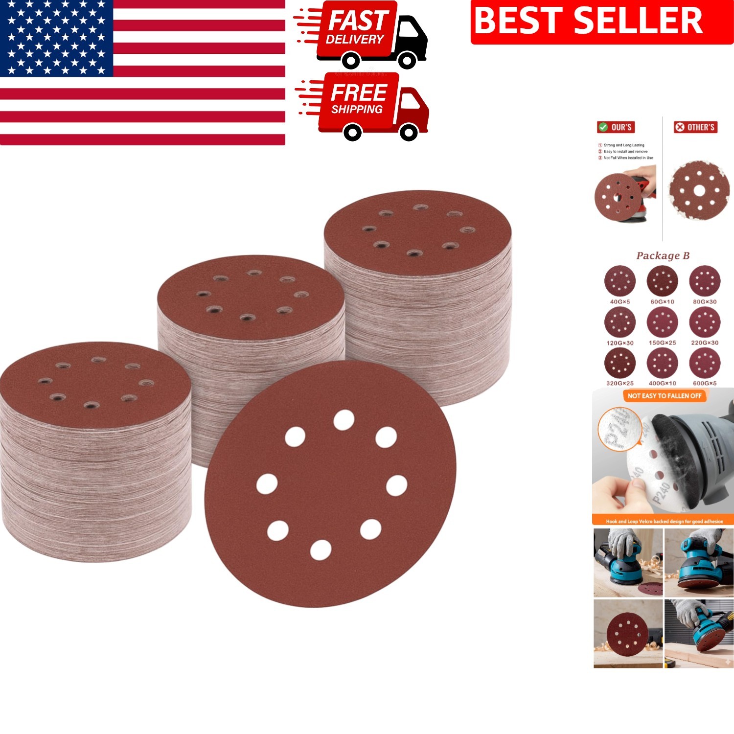 170-Piece Assorted Grit Sanding Discs for Orbital Sanders