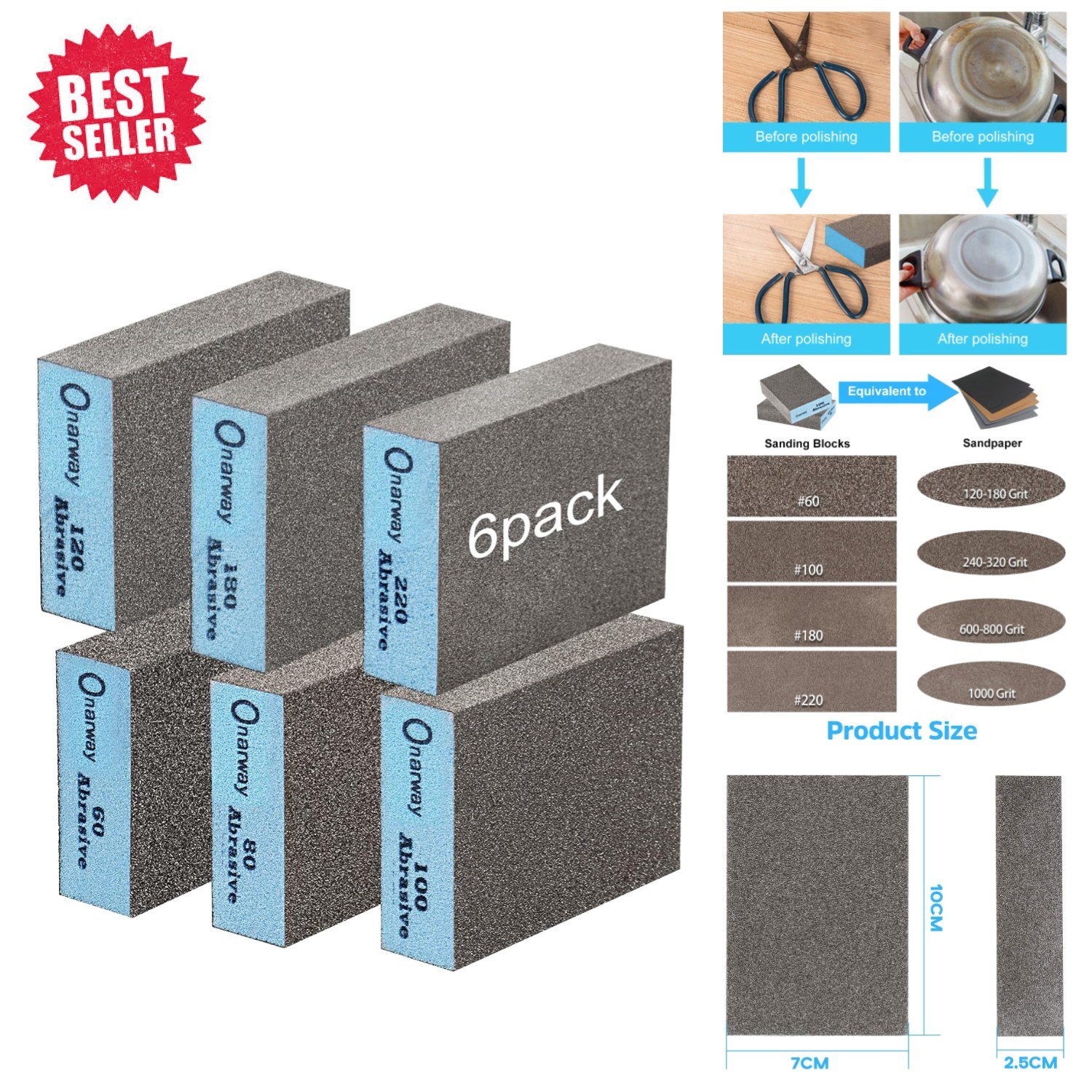 Compact 6 Pack Sanding Blocks – High Density Sponges for Wood & Metal Finishing