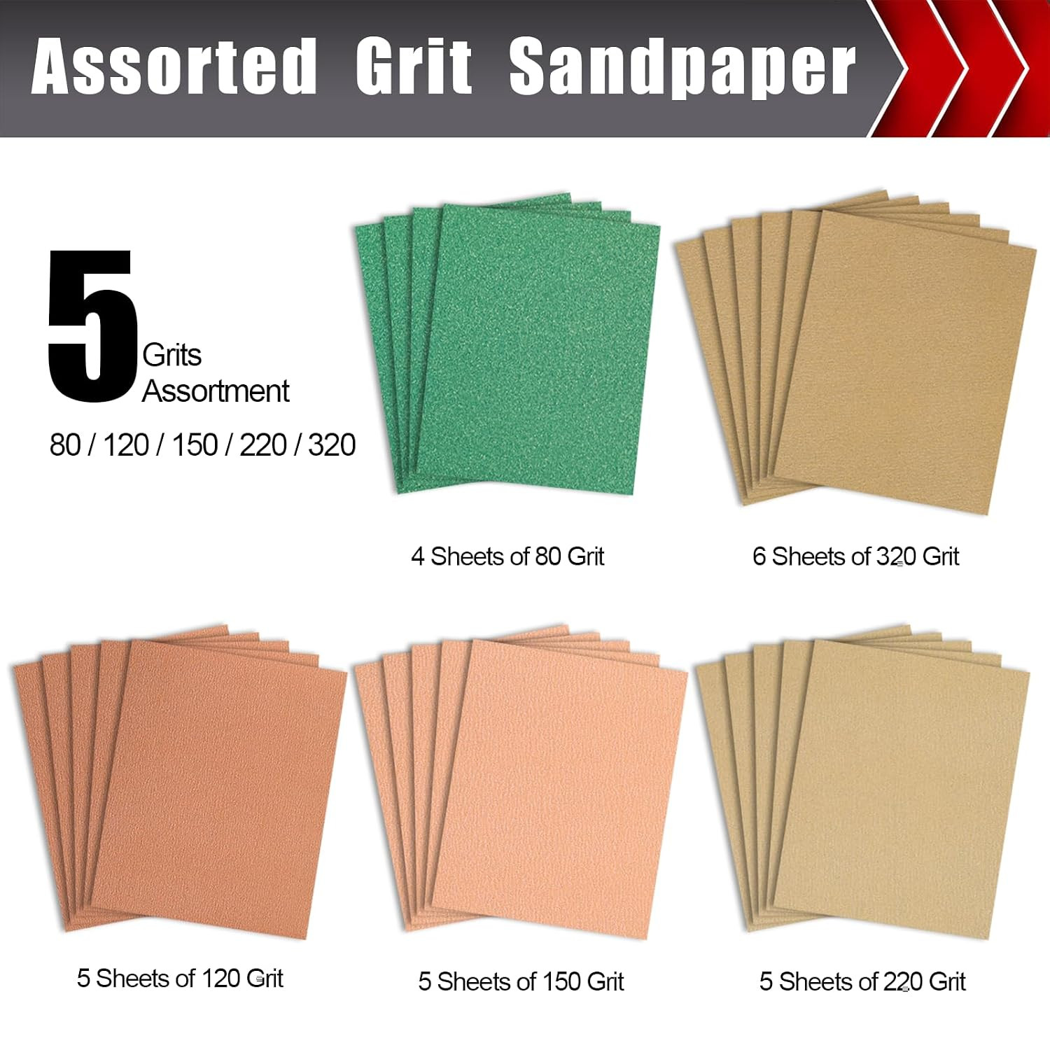 25 PCS Sandpaper Assortment, 9″ X 11″ Sand Paper for Wood Metal Hand Sander – 5