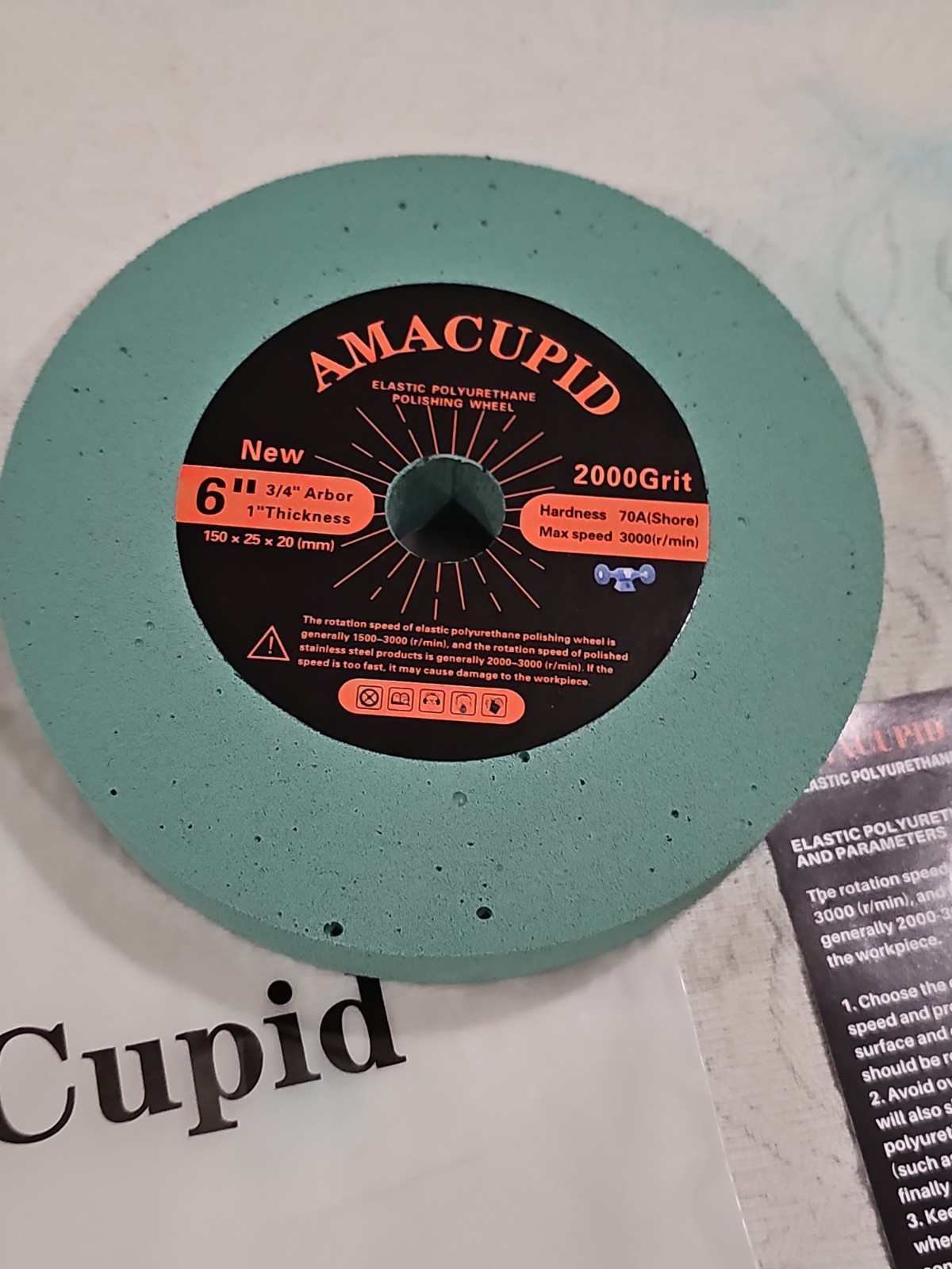 AmaCupid Elastic Polyurethane Buffing Wheel 6 Inch 2000 Grit. 3/4 Arbor. 70A