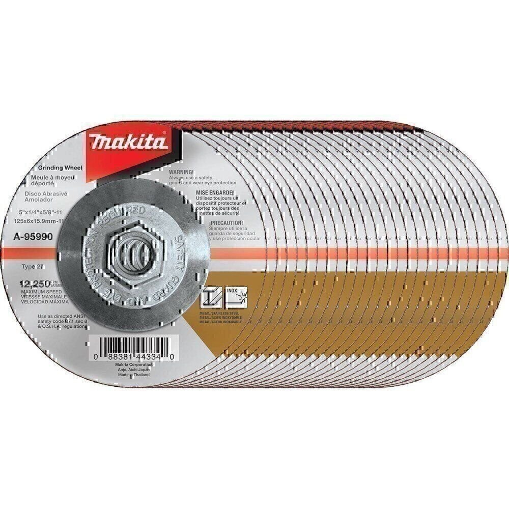Makita A-95990-25 5″ x 1/4″ x 5/8-11″ Hubbed INOX Grinding Wheel, 36 Grit, 25/pk