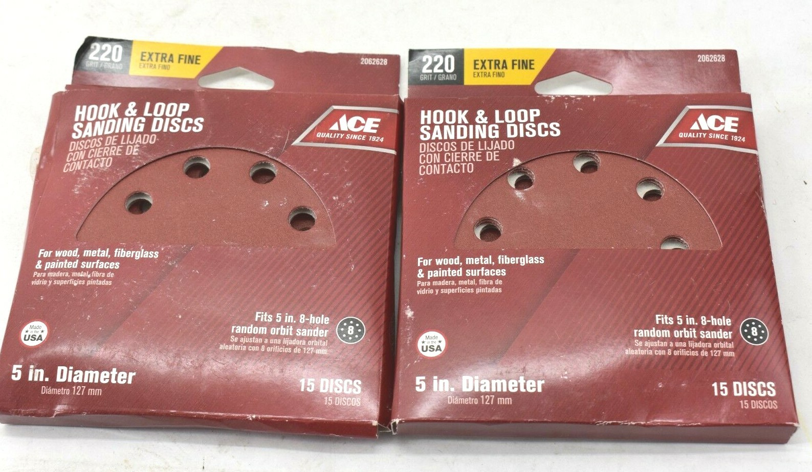 Lot Of 2 ACE 2062628 5″ 8 Hole Hook And Loop Sanding Disc Extra Fine 220 Grit