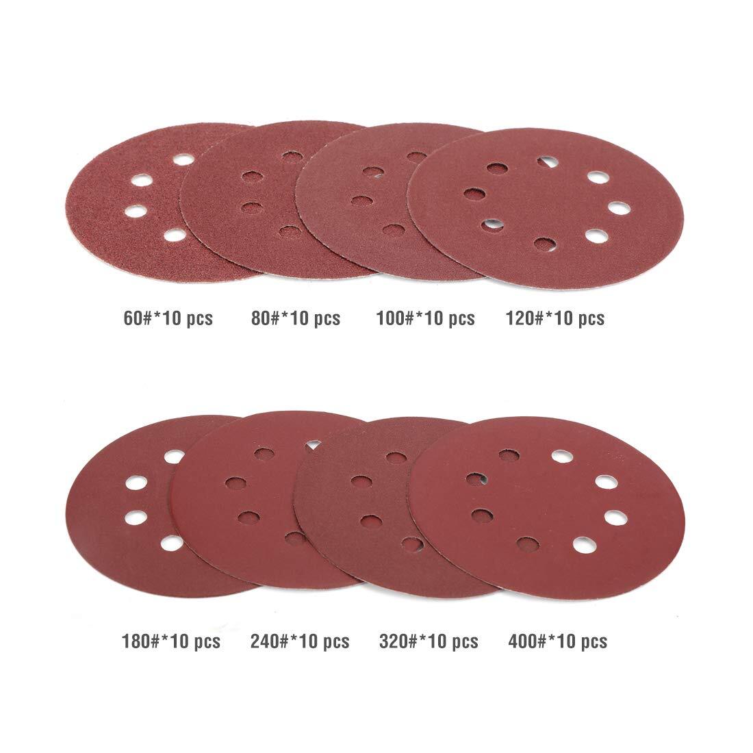 WORKPRO 80PC Sanding Disc 5-INCH 8-Hole Hook and Loop Disc 60-400Grits Sandpaper