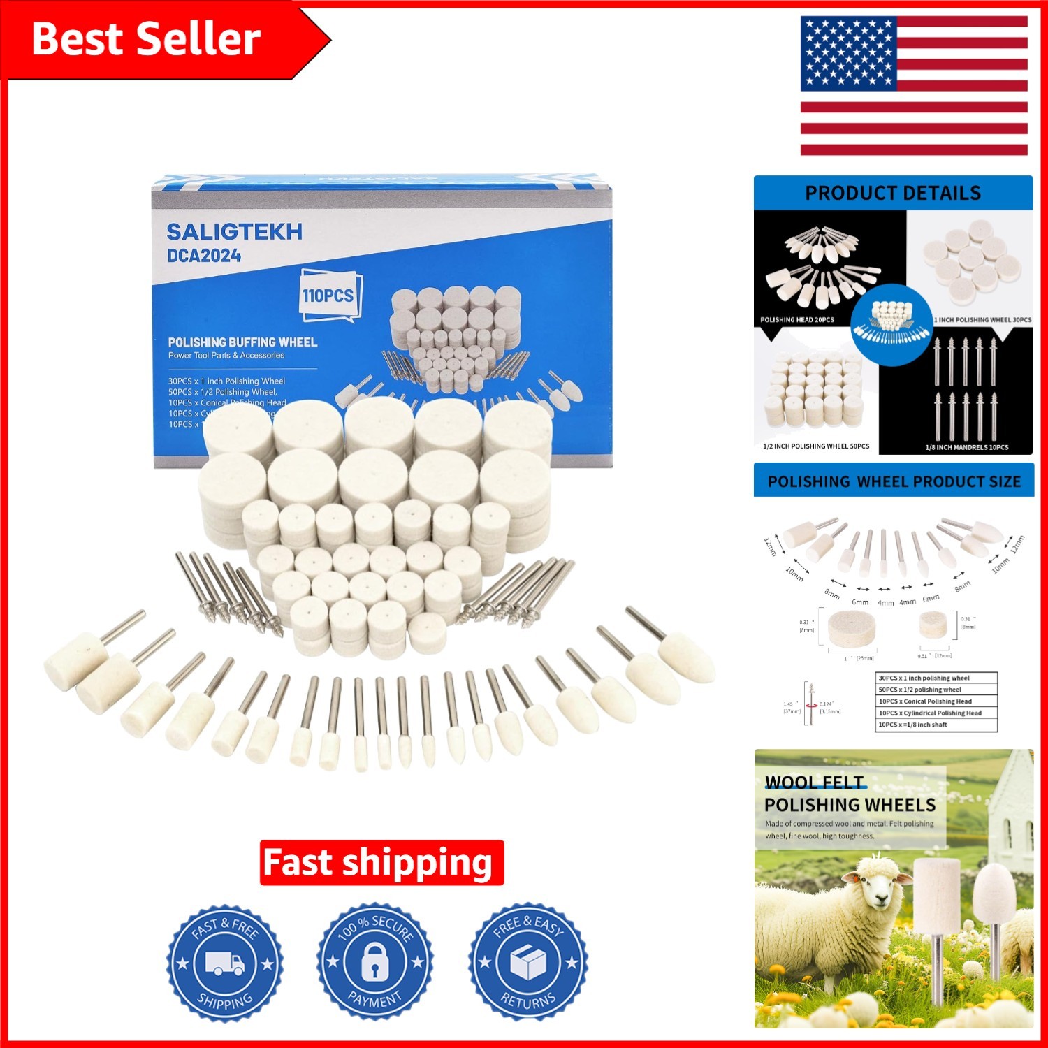 110PCS Wool Felt Polishing Wheel Kit for Rotary Tools – Jewelry & Metal Buffing