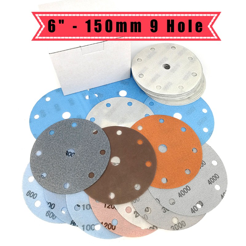 6″ – 150mm Wet And Dry Sanding Discs Film Sandpaper Pads Grit 600 – 5000 9 Hole