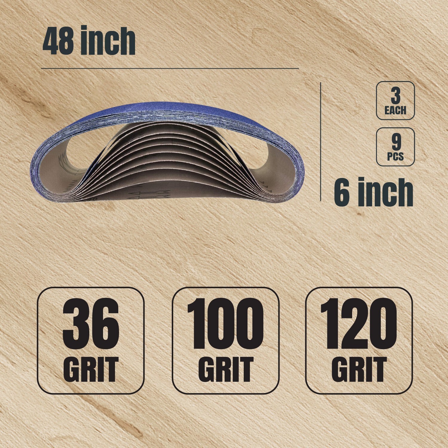 6×48″ Zirconia Sanding Belt Grit Assortment 3each of 36/100/120 Grit 9PK 464801Z