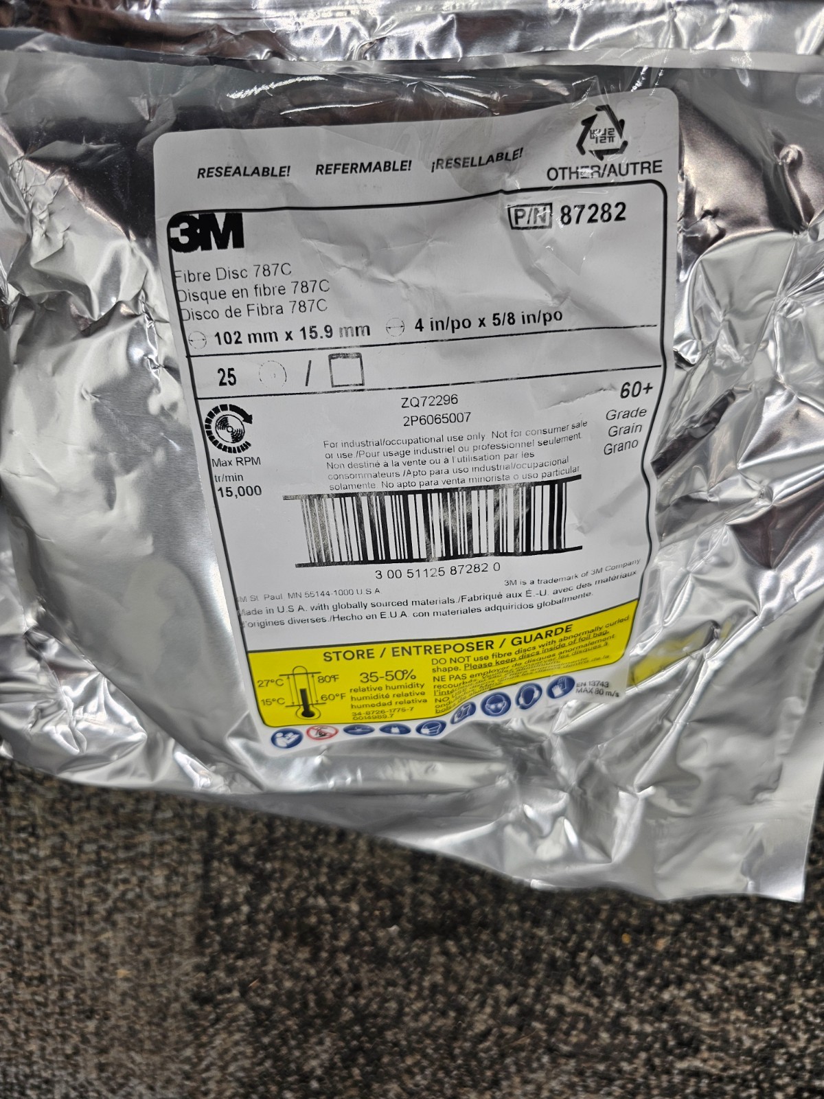 (QTY 25) 3M 87282: 787C 4″ x 5/8″ 60+ Fibre Disc, Die 400FF, 15000 Max RPM