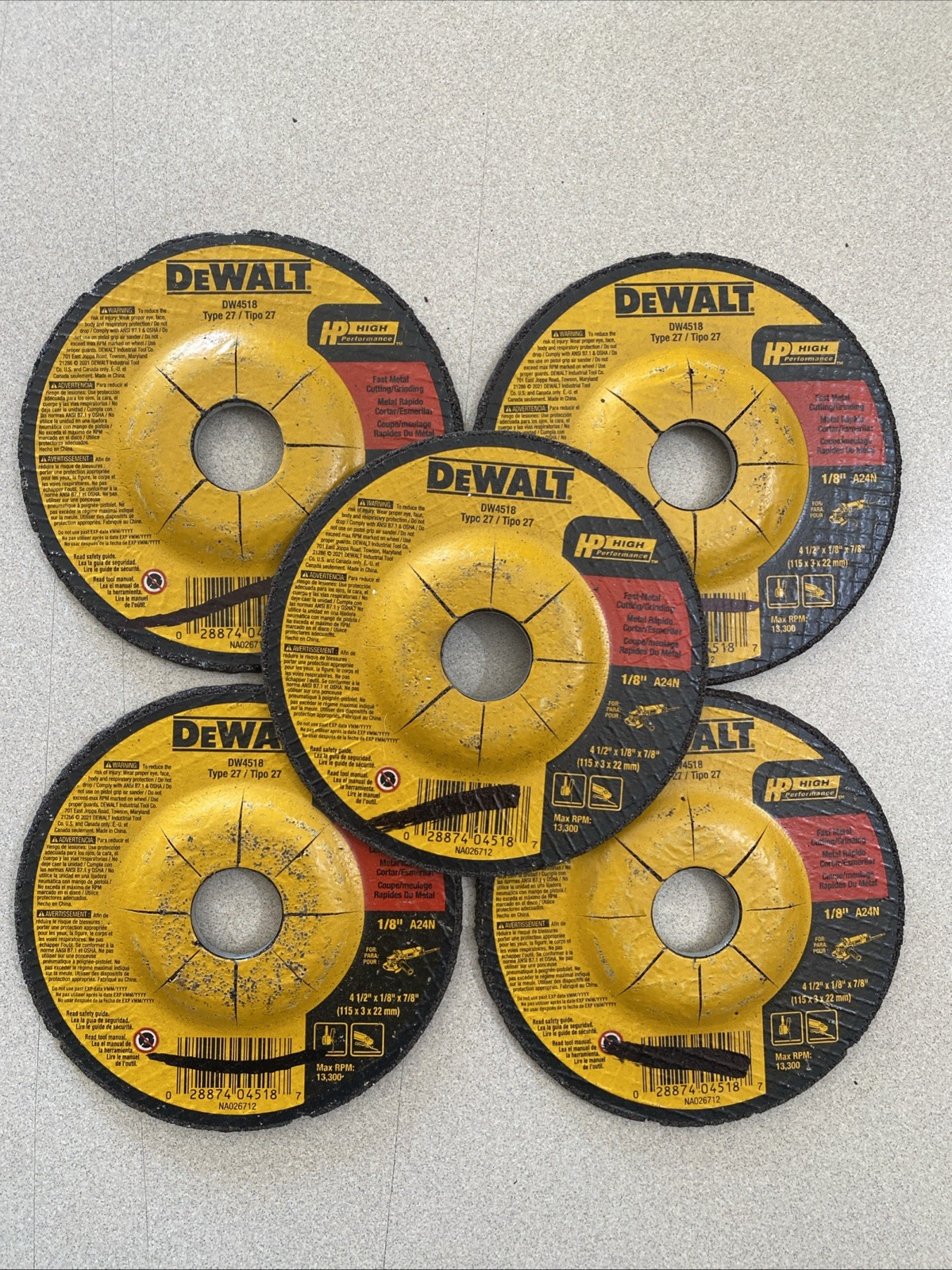 Lot Of 5 Dewalt DW4518 Type 27 Grinder Wheel