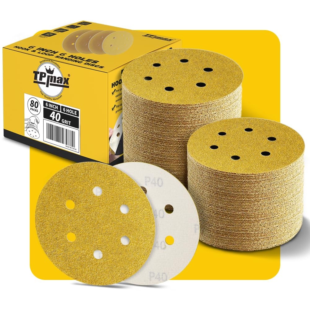 80PCS 6 Inch 40 Grit 150mm 6 Hole Sanding Discs Sandpaper – Premium Gold Roun…