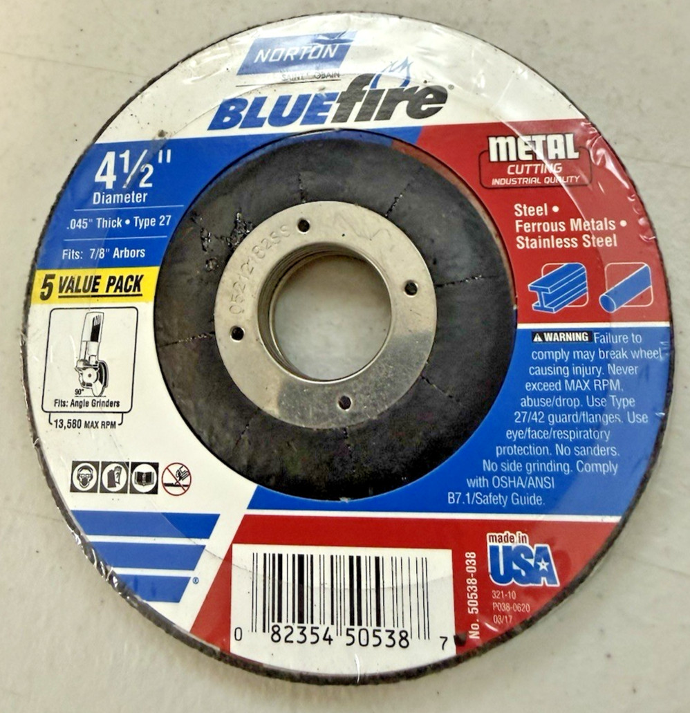 Norton Bluefire 4 1/2″ 5 Pack Metal/Stainless Cut-Off Wheel Brand New Type 27