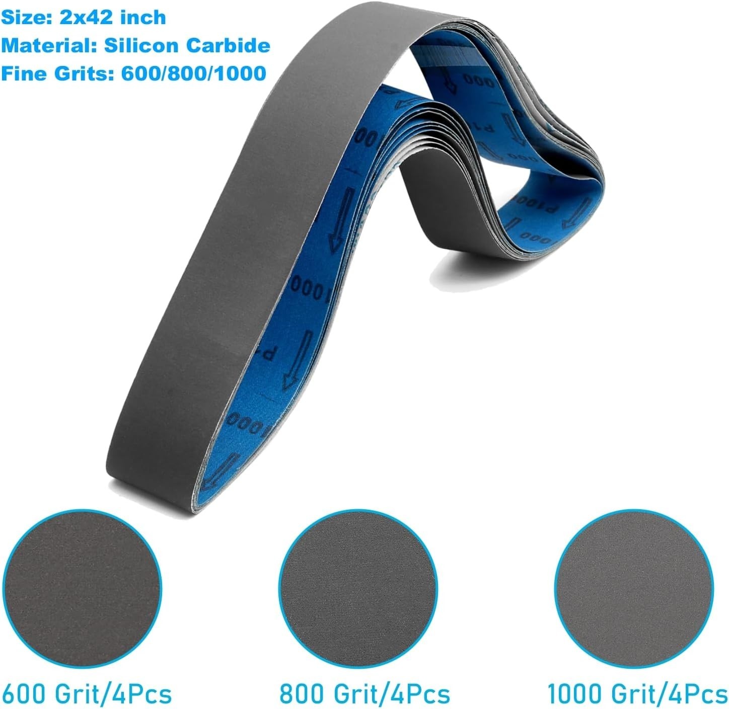 Versatile 2×42 Inch Silicon Carbide Sanding Belts – Assorted 600/800/1000 Grits