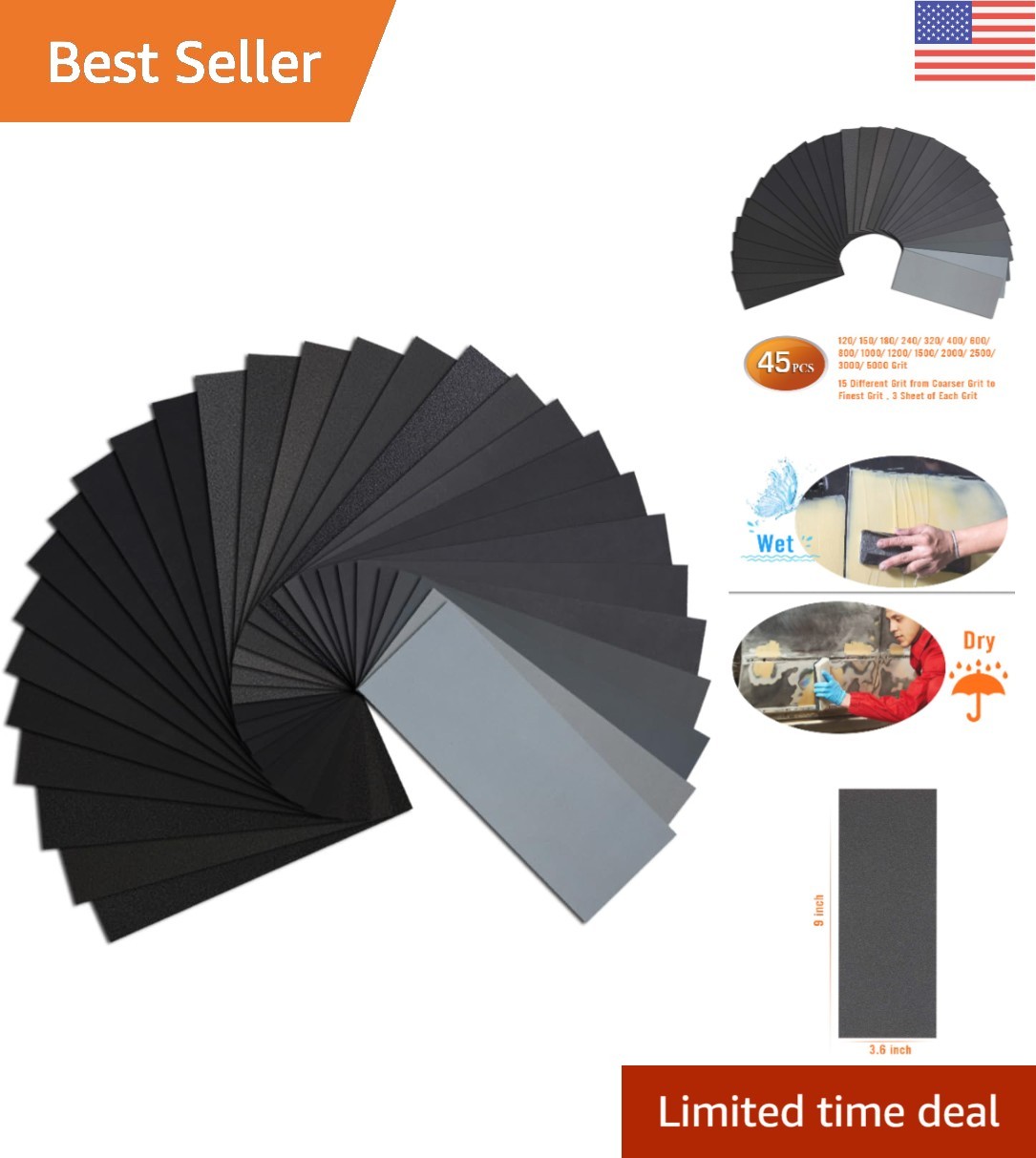 45PCS Assorted Grit Sandpaper, Perfect for Automotive & Wood Finishing Projects