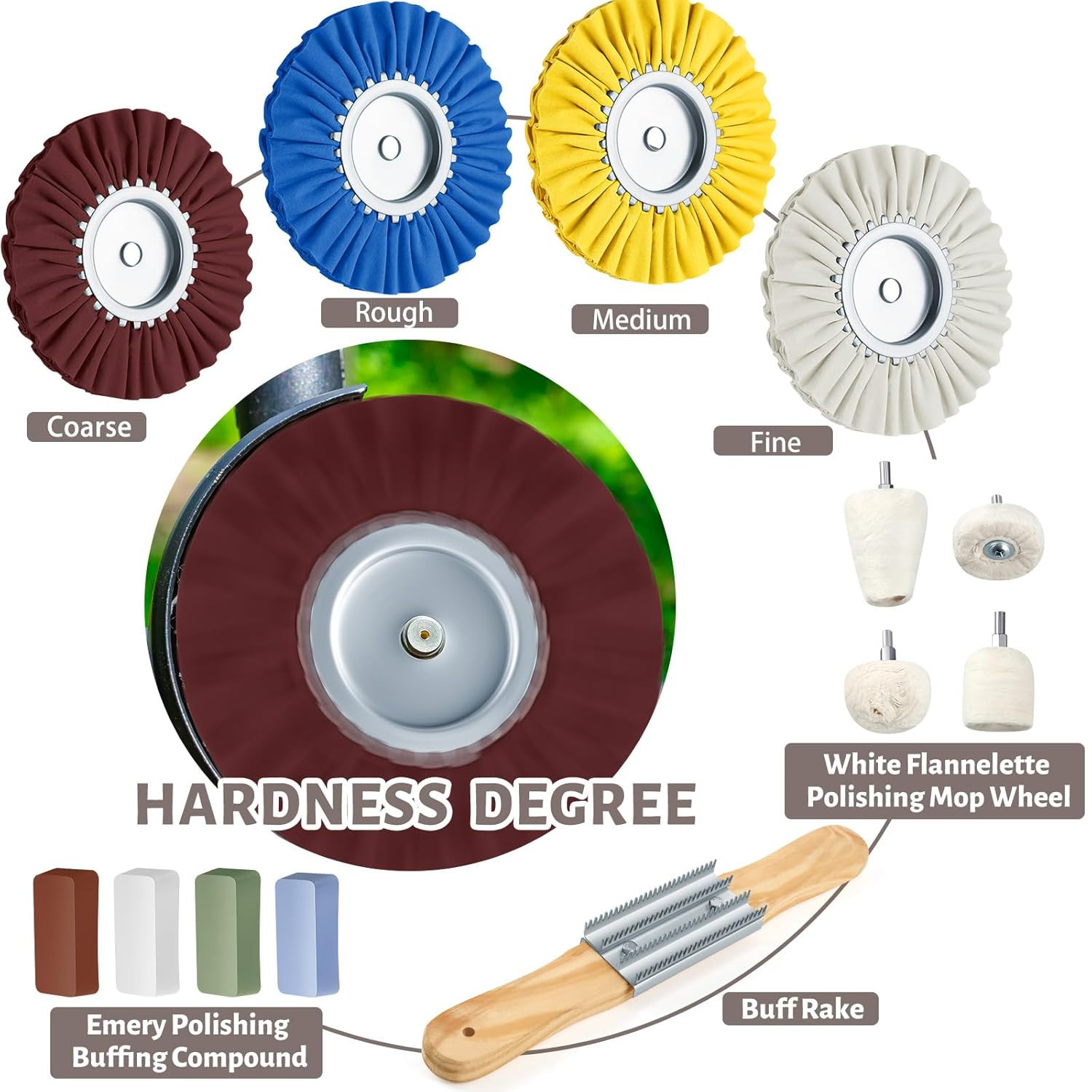 14 Pcs 8″ Airway Polishing Wheel Kit in Diameter 5/8″, Metal Aluminum Buffing Wh