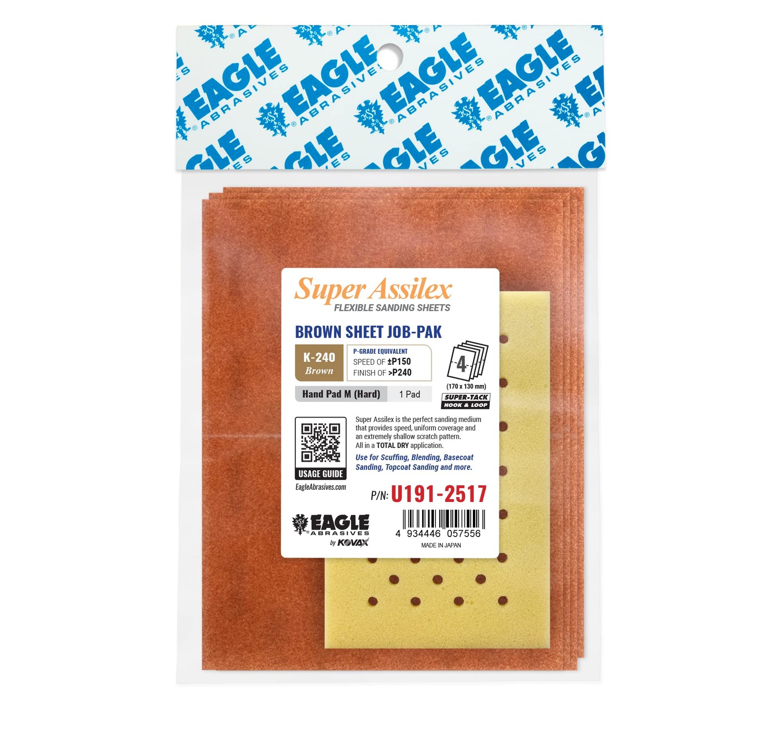 Super Assilex Flexible Sanding Sheets Job-PAK, Brown K-240, U191-2517, 4 Sheets