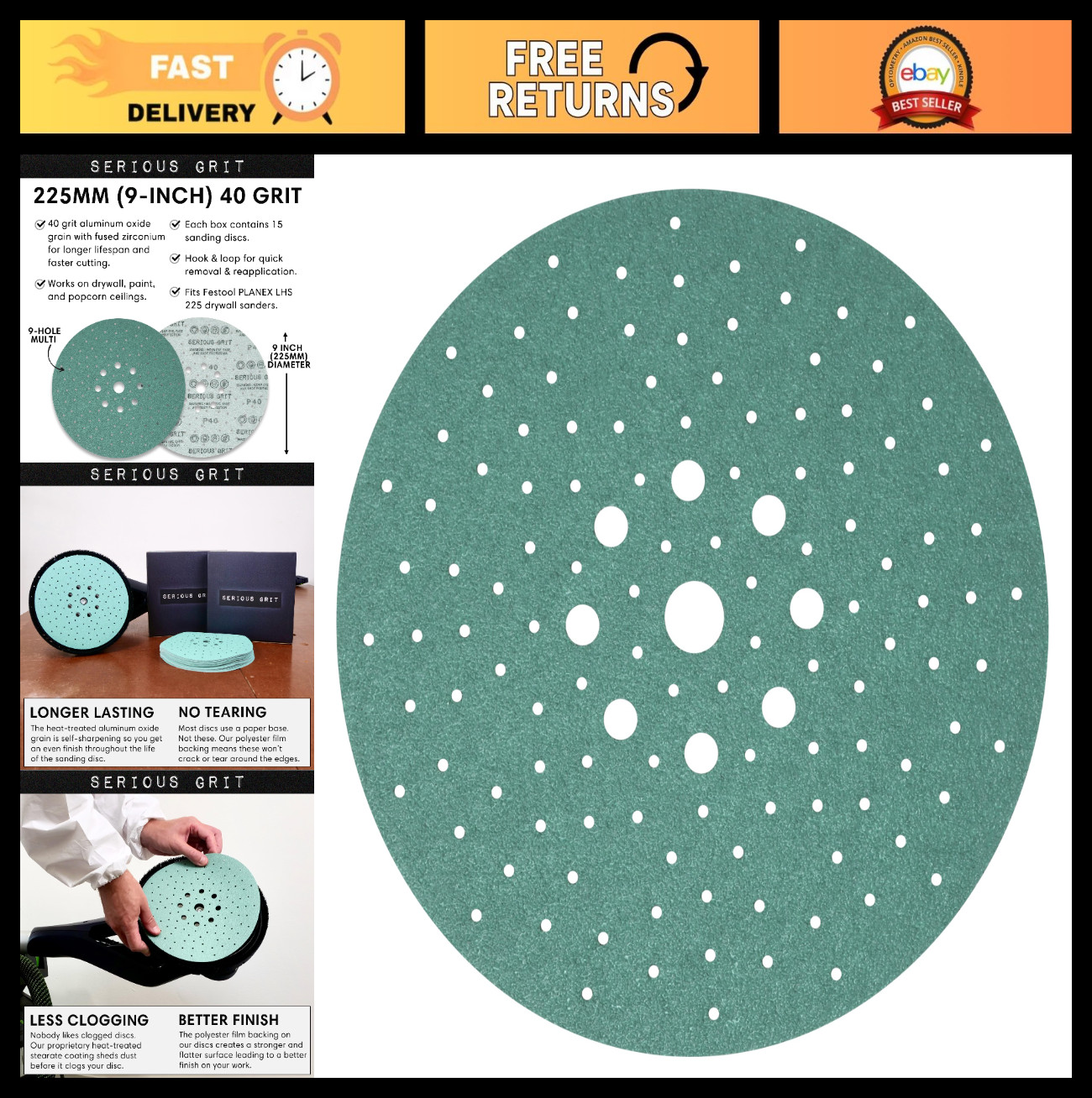225mm 9″ P40 Drywall Sanding Discs – 15 Pack Hook & Loop Sandpaper for Sanders