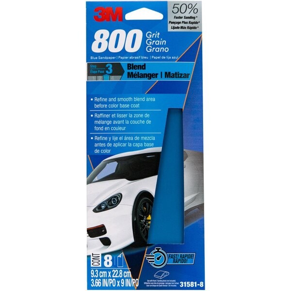 3M Blue Sandpaper 31581-8, 3 2/3 in X 9 in, 800 G, 8 Sheet/Pack