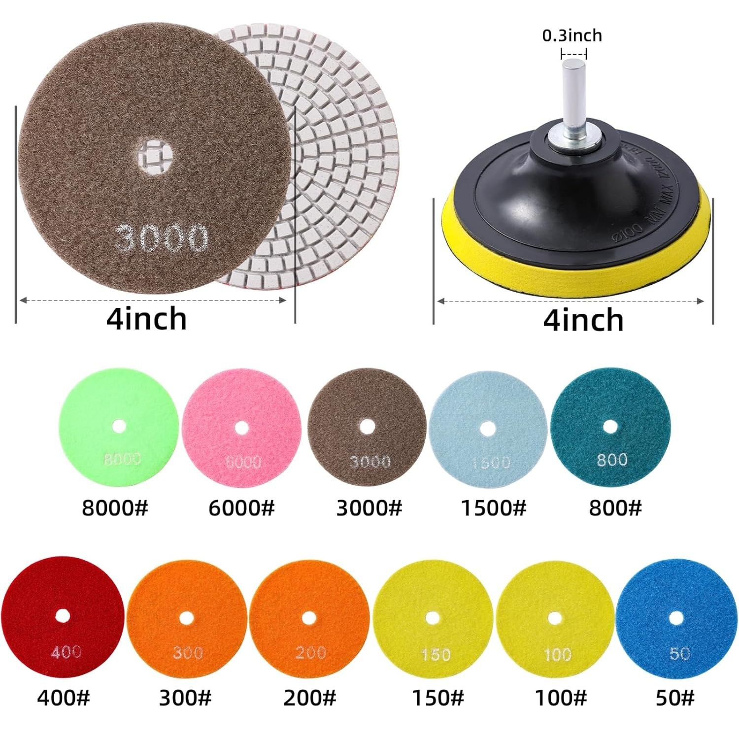 Kit 13Pzs Almohadillas Diamante 4″ 50–8000 Grit para Granito Mármol Hormigón