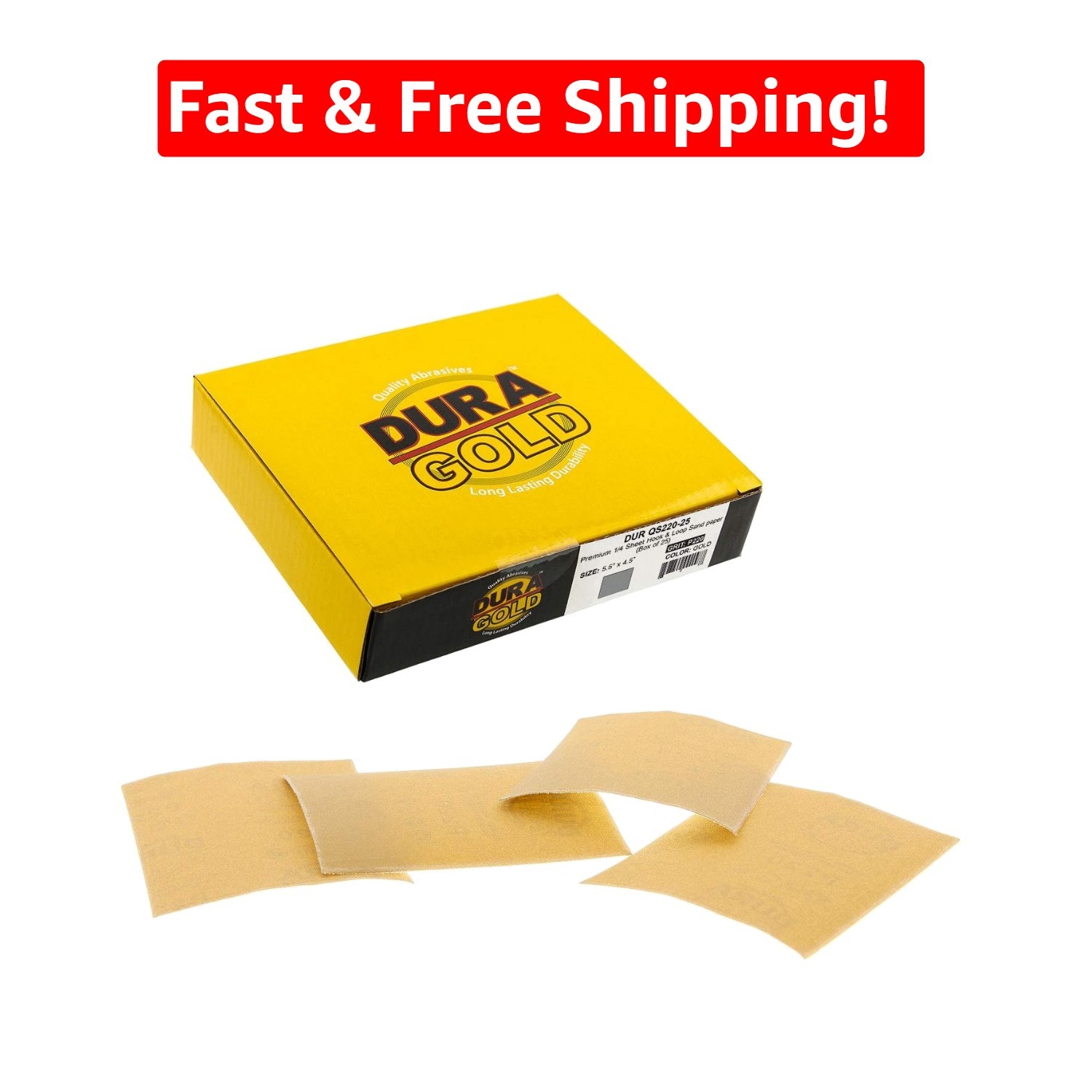 Box of 25 High-Performance 220 Grit Gold Sandpaper Sheets – Hook & Loop Backing