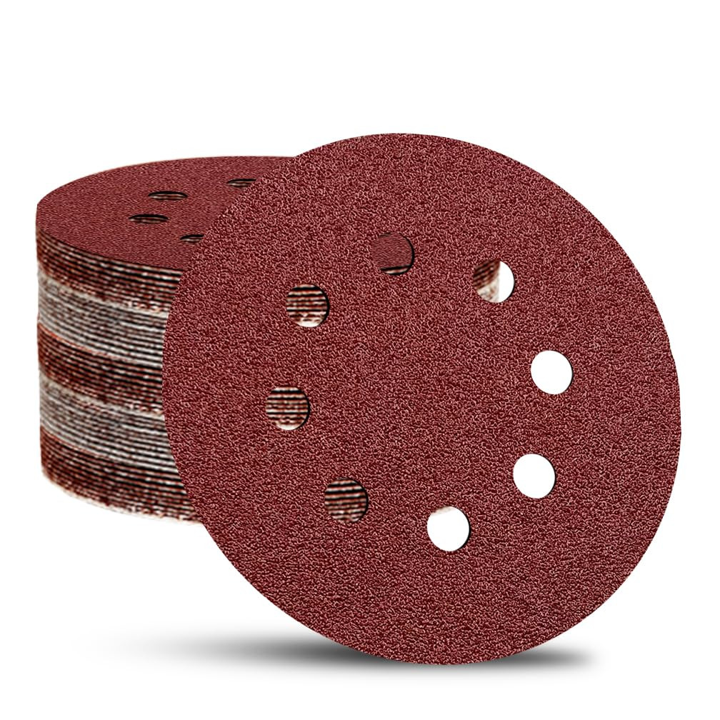 52 Pack 5 Inch 8-Hole Hook and Loop Sanding Discs Sandpaper Red round 120 Grit