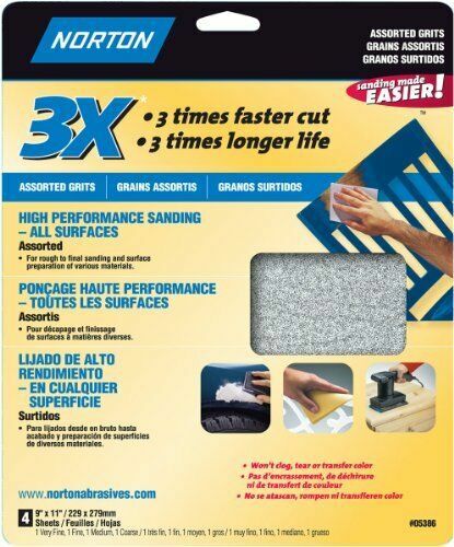 Norton 05386 9-Inch X 11-Inch 3X Assorted Grit Sand Paper 4-Pack New in Pkg