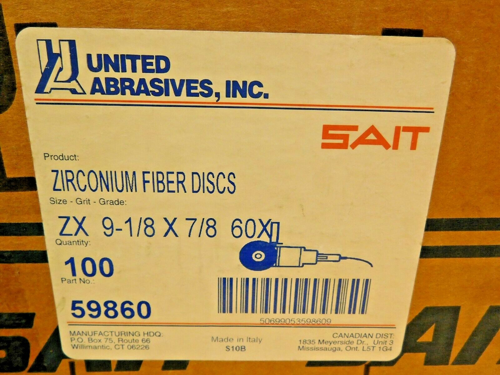 BOX of 100 United Abrasives SAIT Zirconium Fiber Discs 9-1/8″ x 7/8″ 60G 59860
