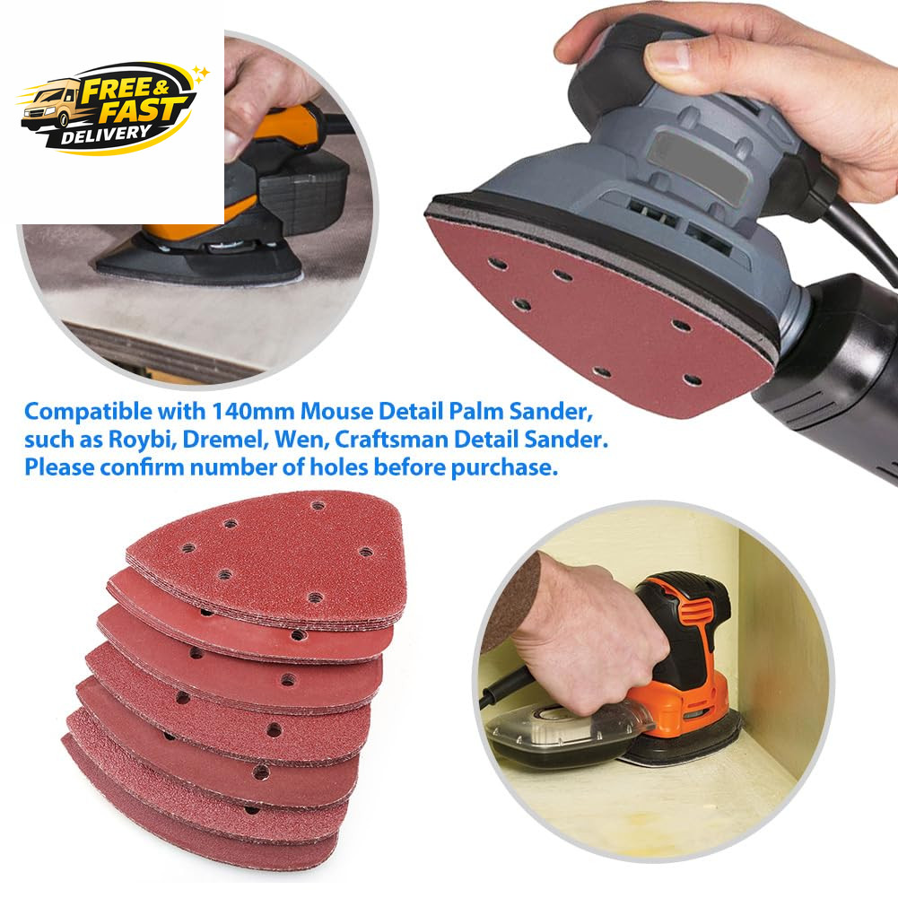 Mouse Sander Sandpaper, 70PCS, 6 Hole Triangle Sanding Pads for Ryobi Detail Pal