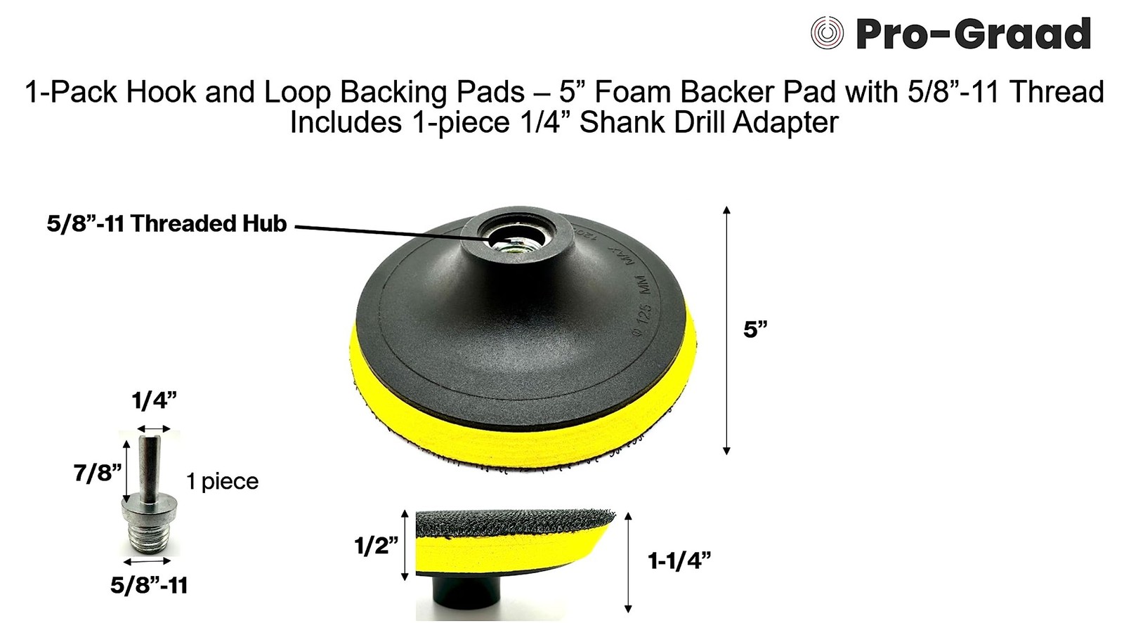 Pro-Graad 1 Pack 5″ Hook and Loop Backing Pads Foam Backer Pad with 5/8”-11 –…